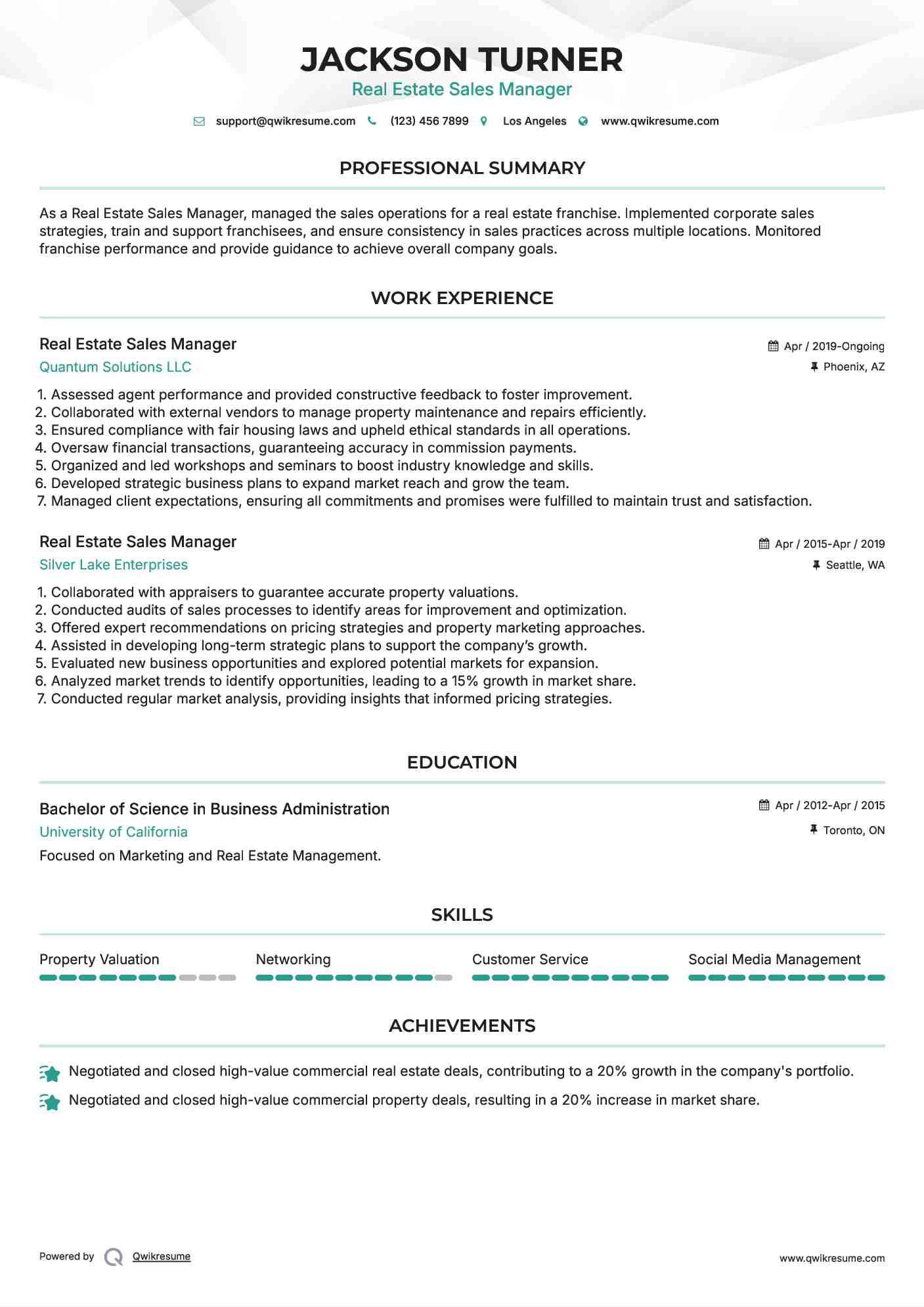 Real Estate Sales Manager Resume Sample