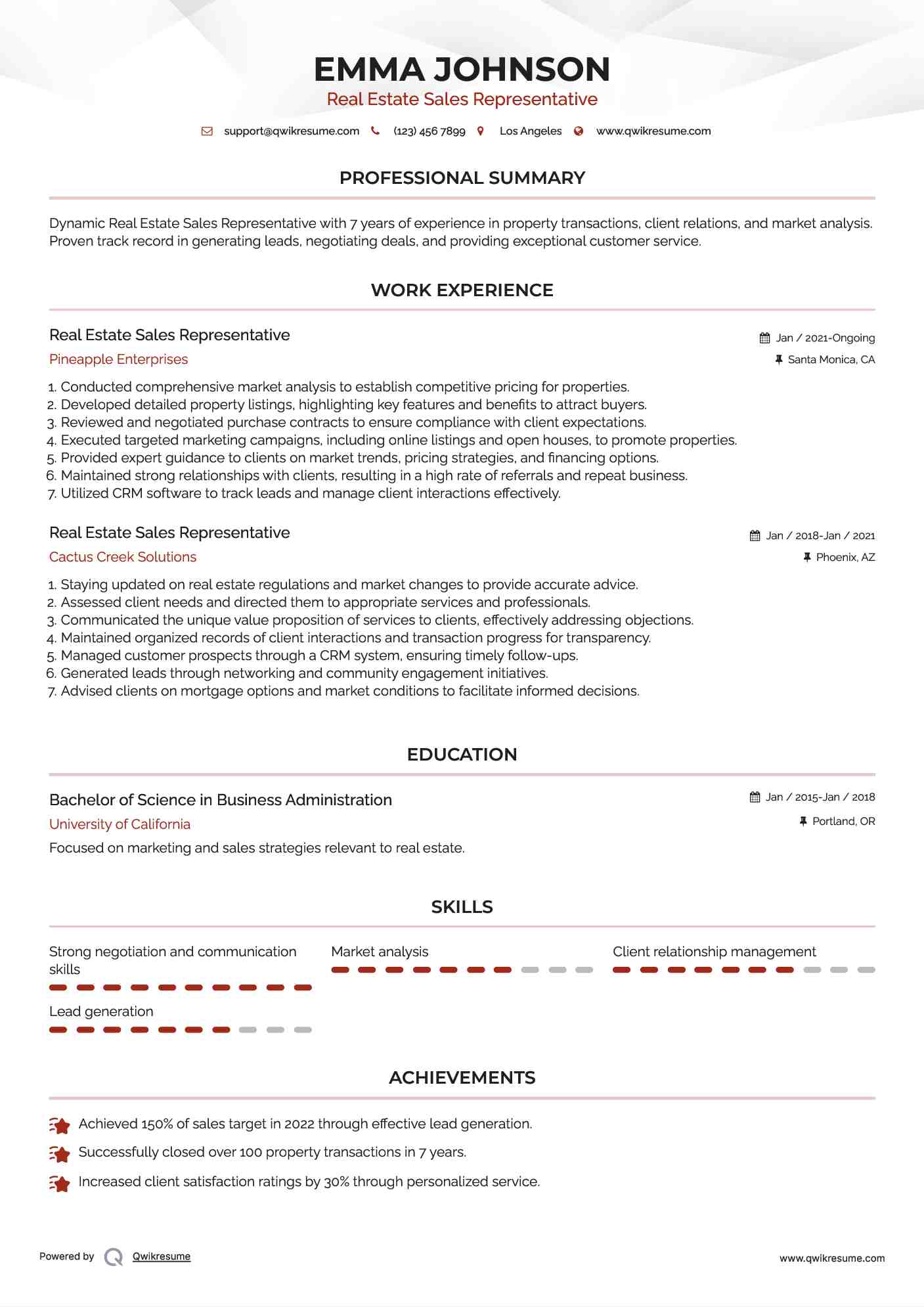 Real Estate Sales Representative Resume Model