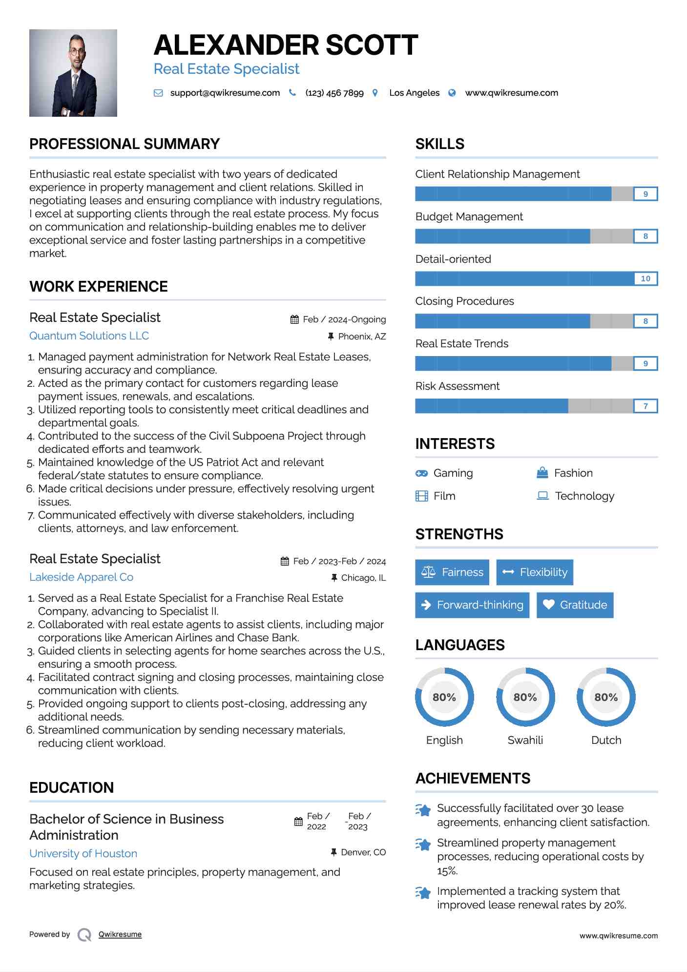 Real Estate Specialist Resume Example