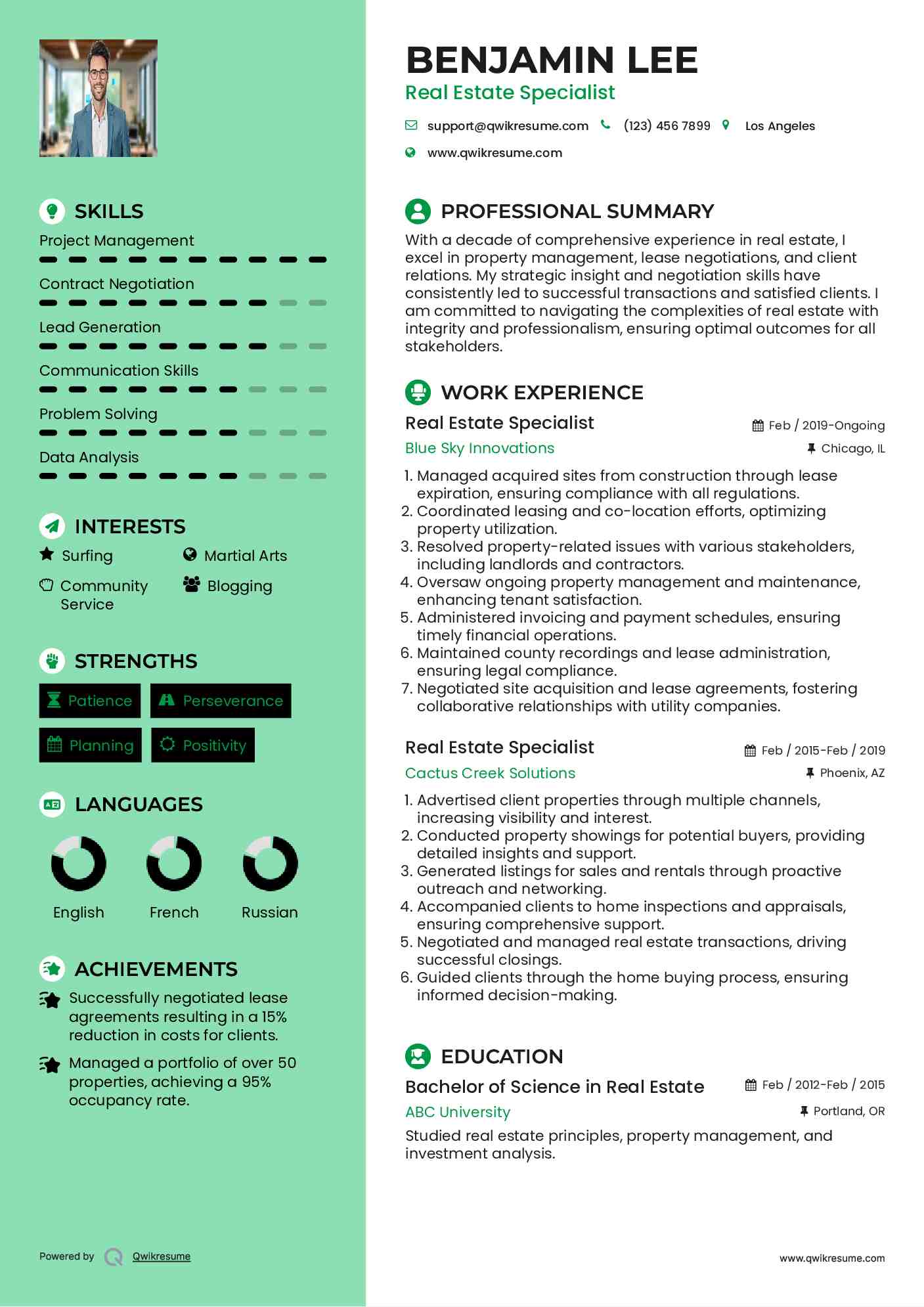 Real Estate Specialist Resume Example