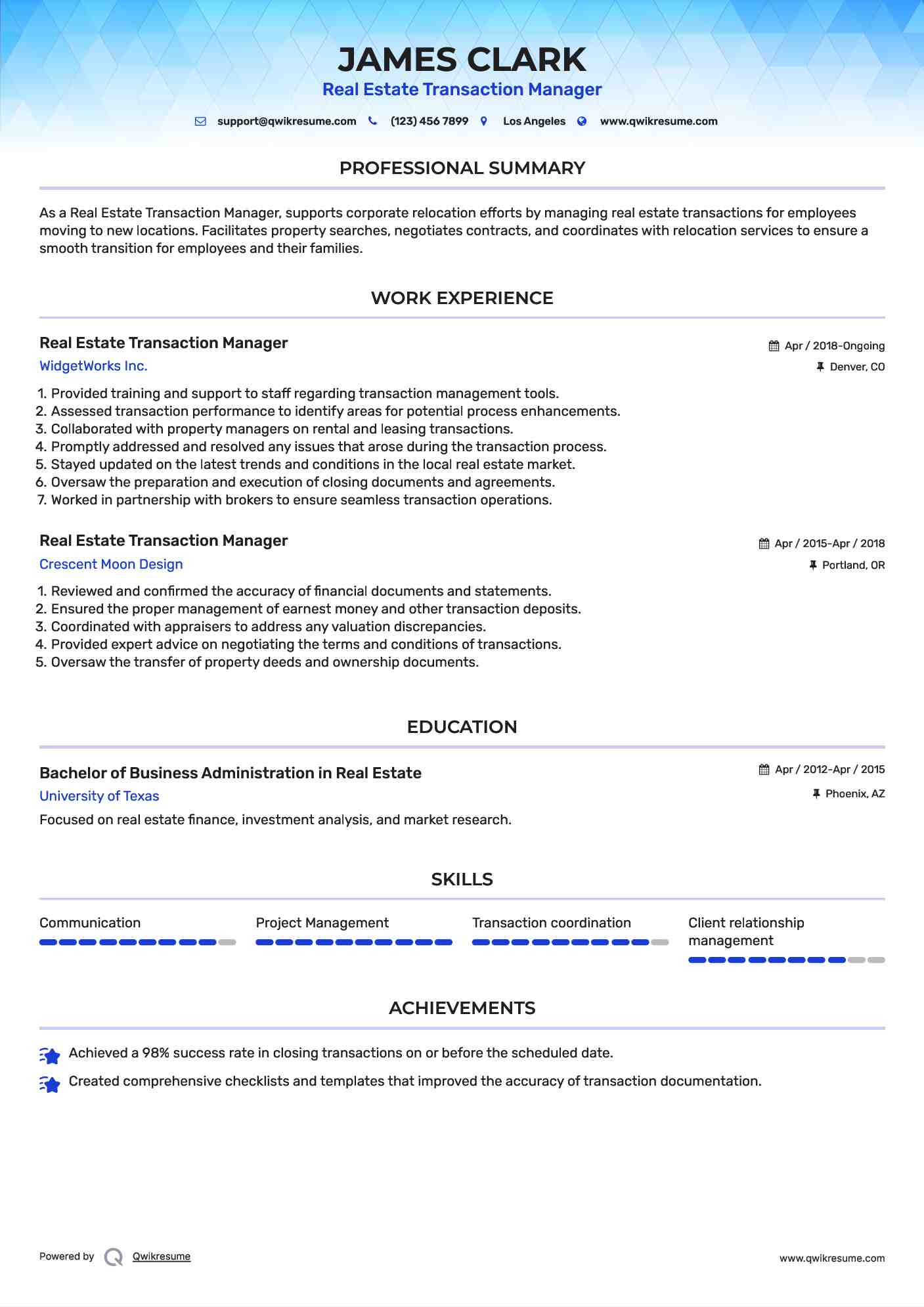 Real Estate Transaction Manager Resume Example