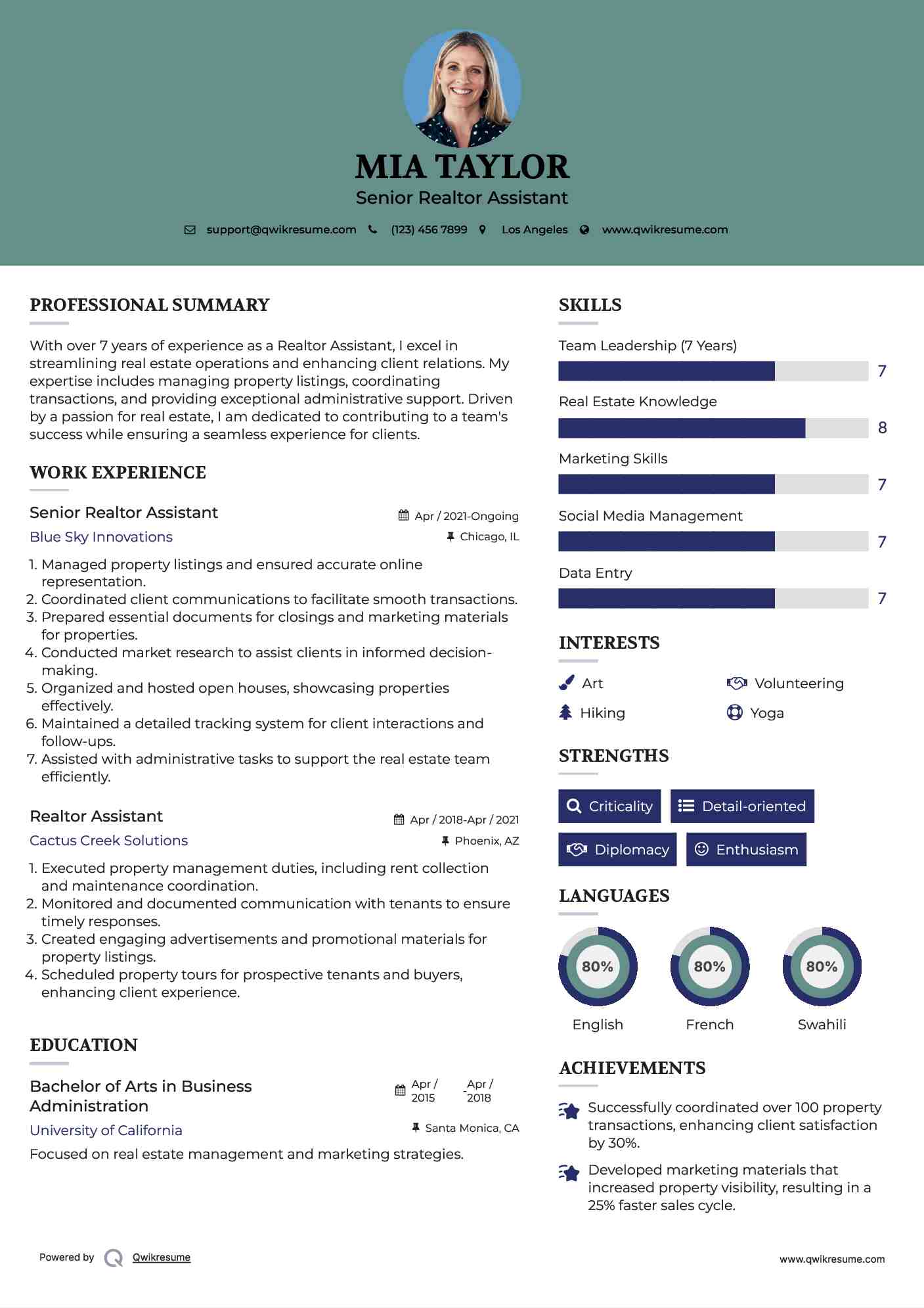 Senior Realtor Assistant Resume Sample