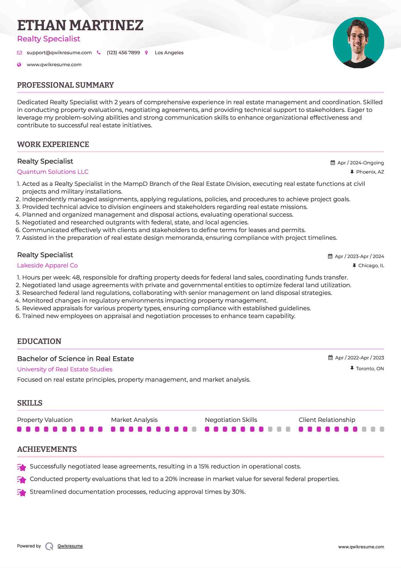 Realty Specialist Resume Format