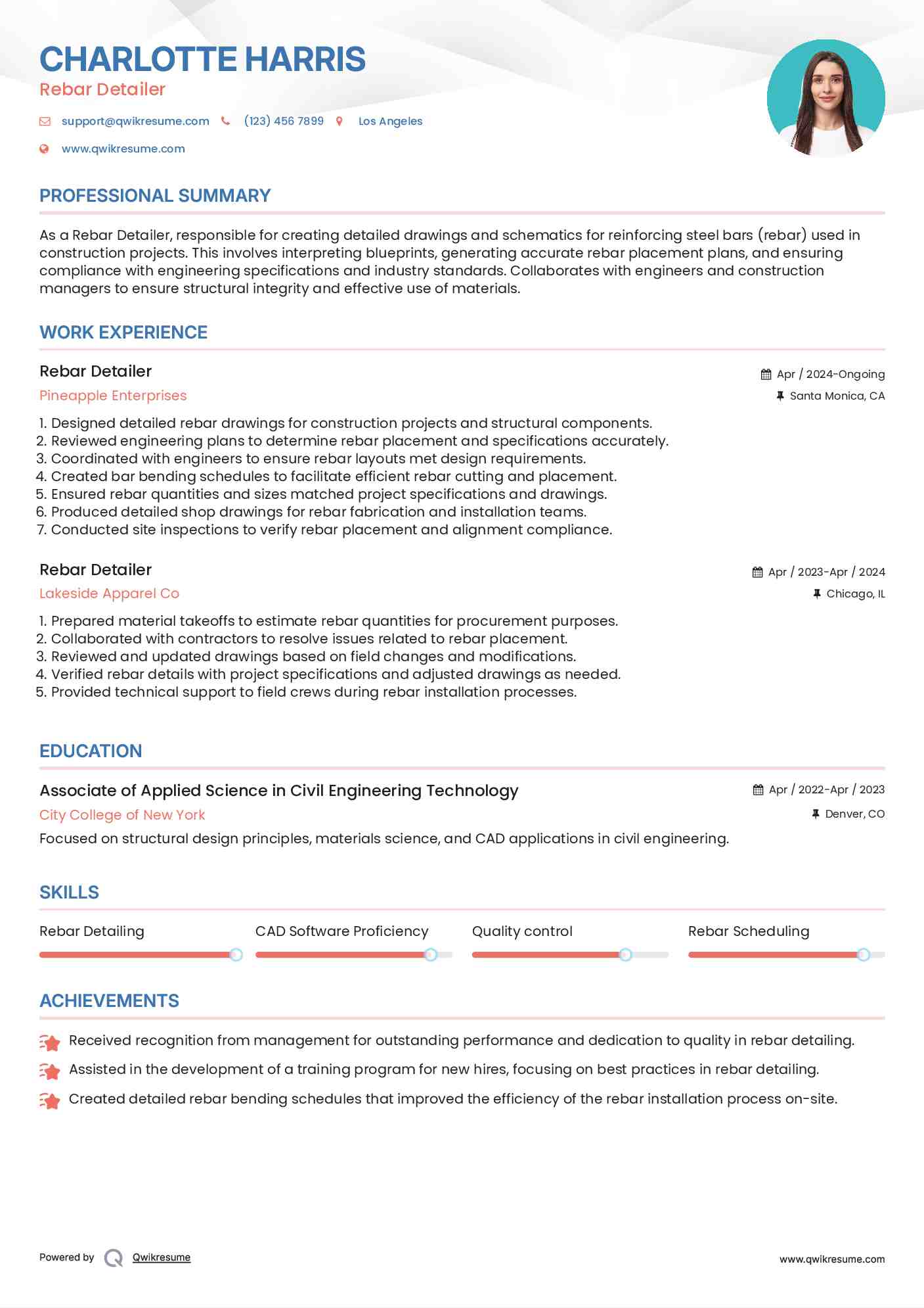Rebar Detailer Resume Samples QwikResume
