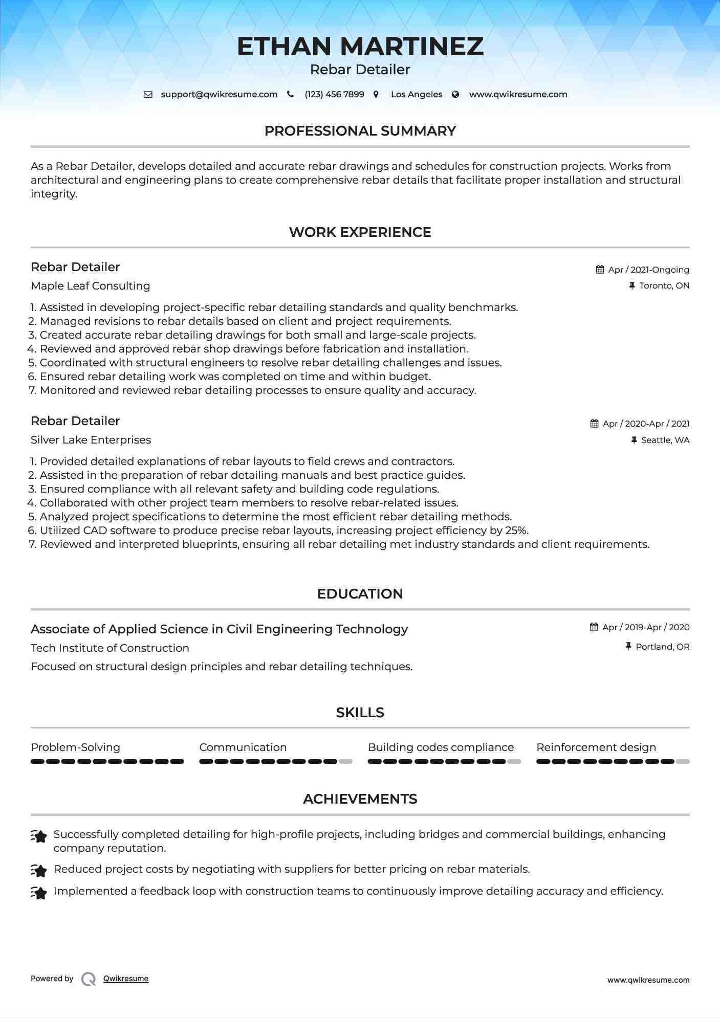 Rebar Detailer Resume Model