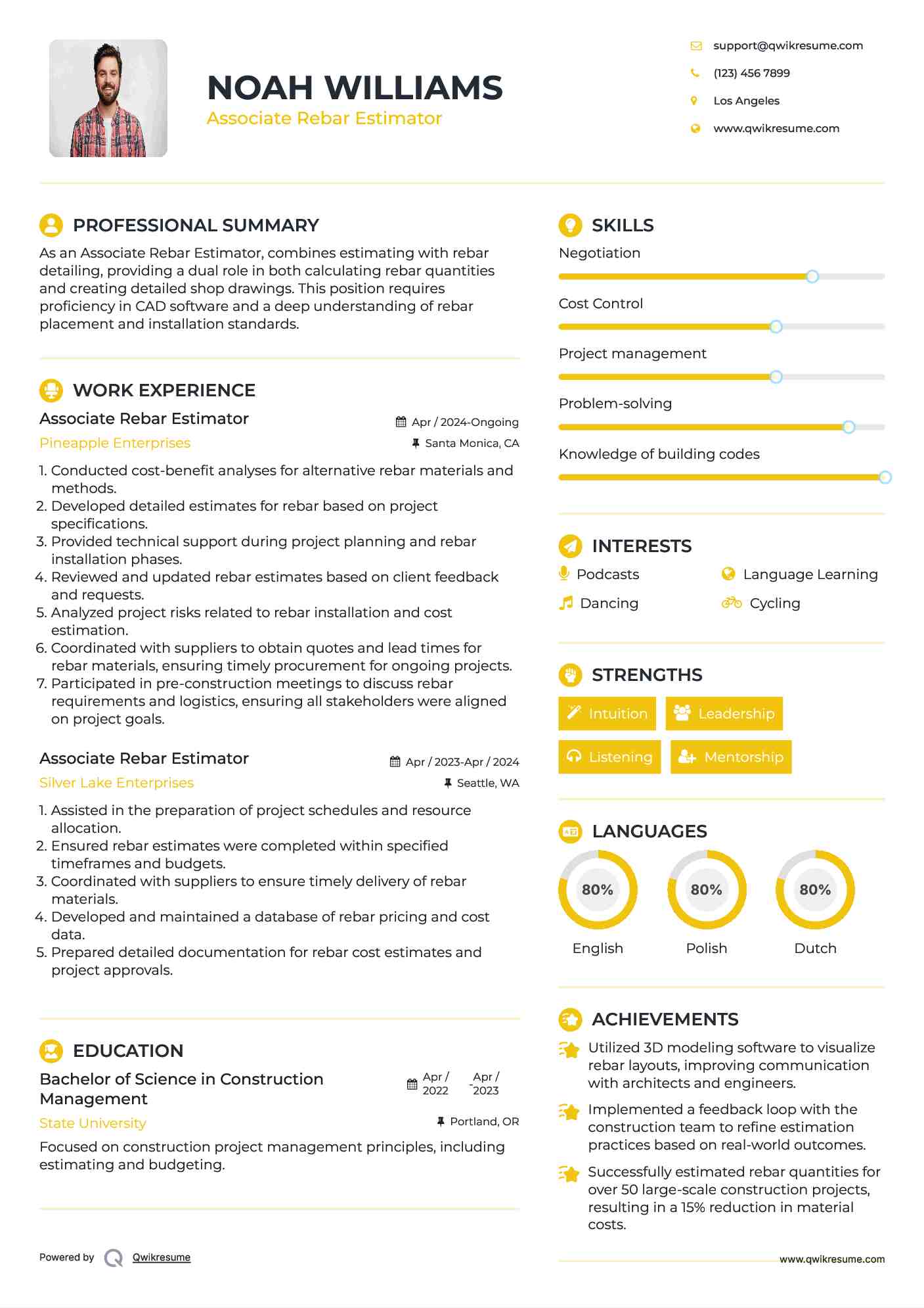 Associate Rebar Estimator Resume Sample
