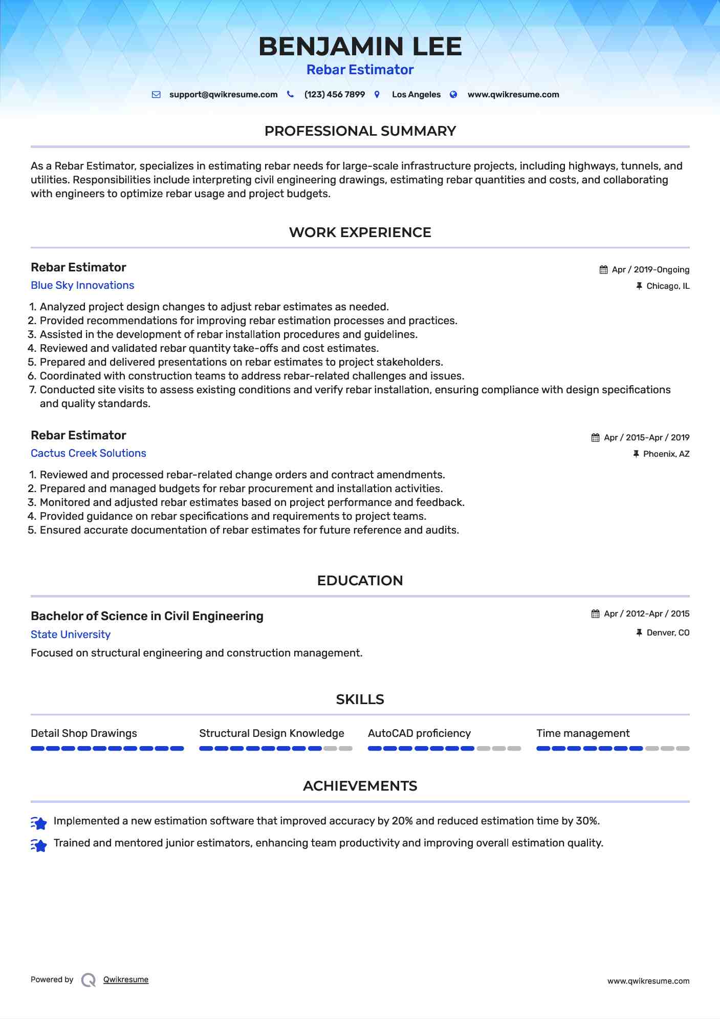 Rebar Estimator Resume Format