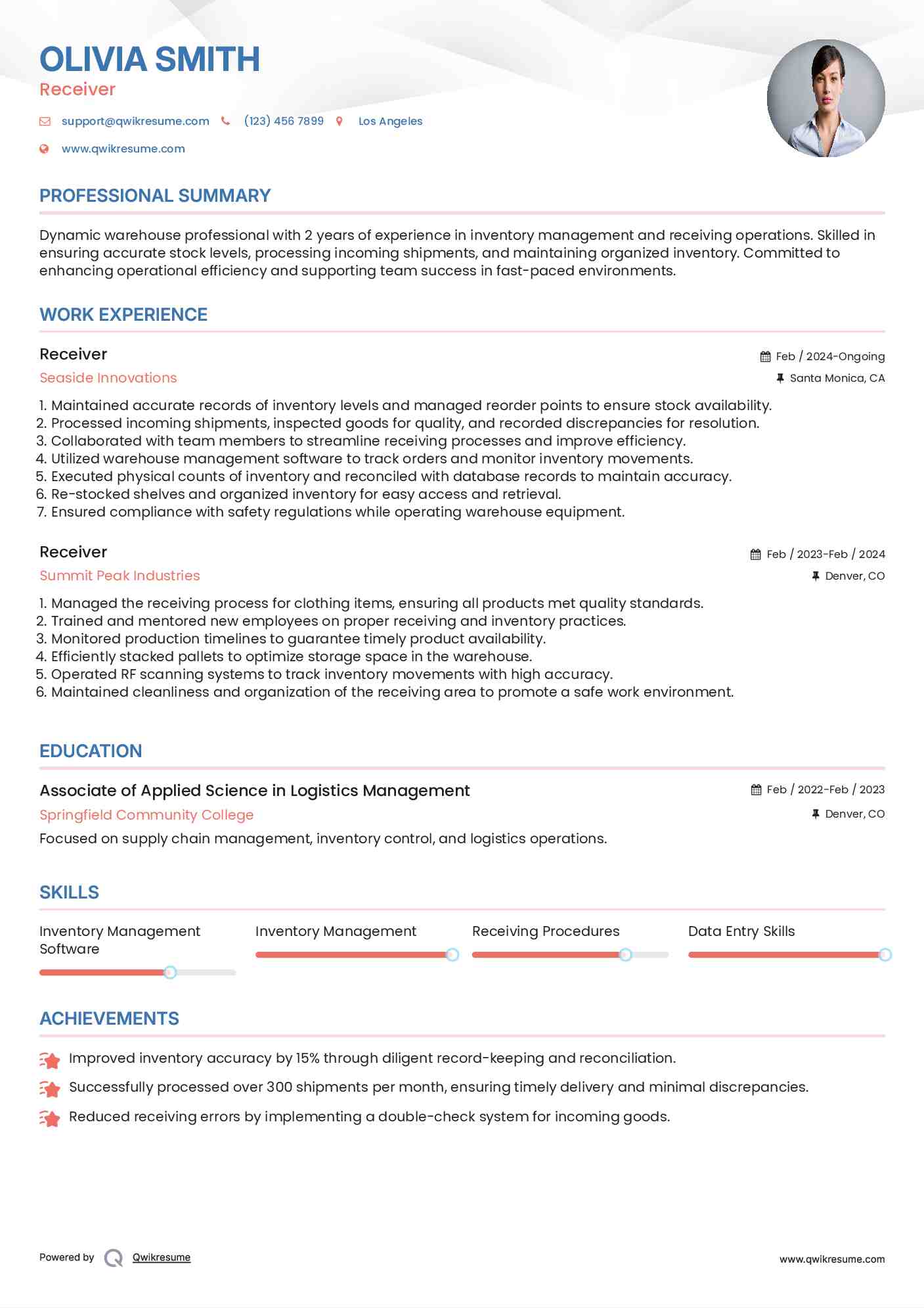 Receiver Resume Example