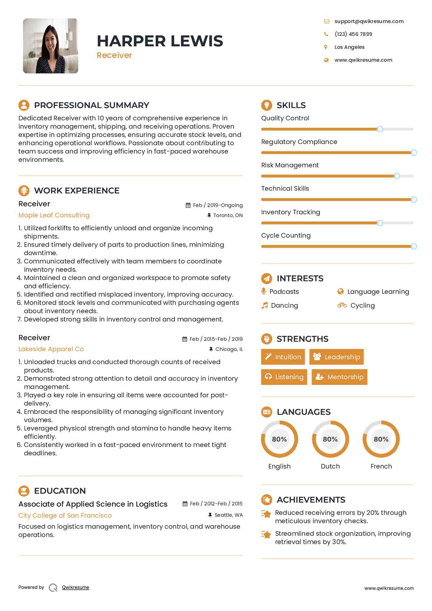 Receiver Resume Format