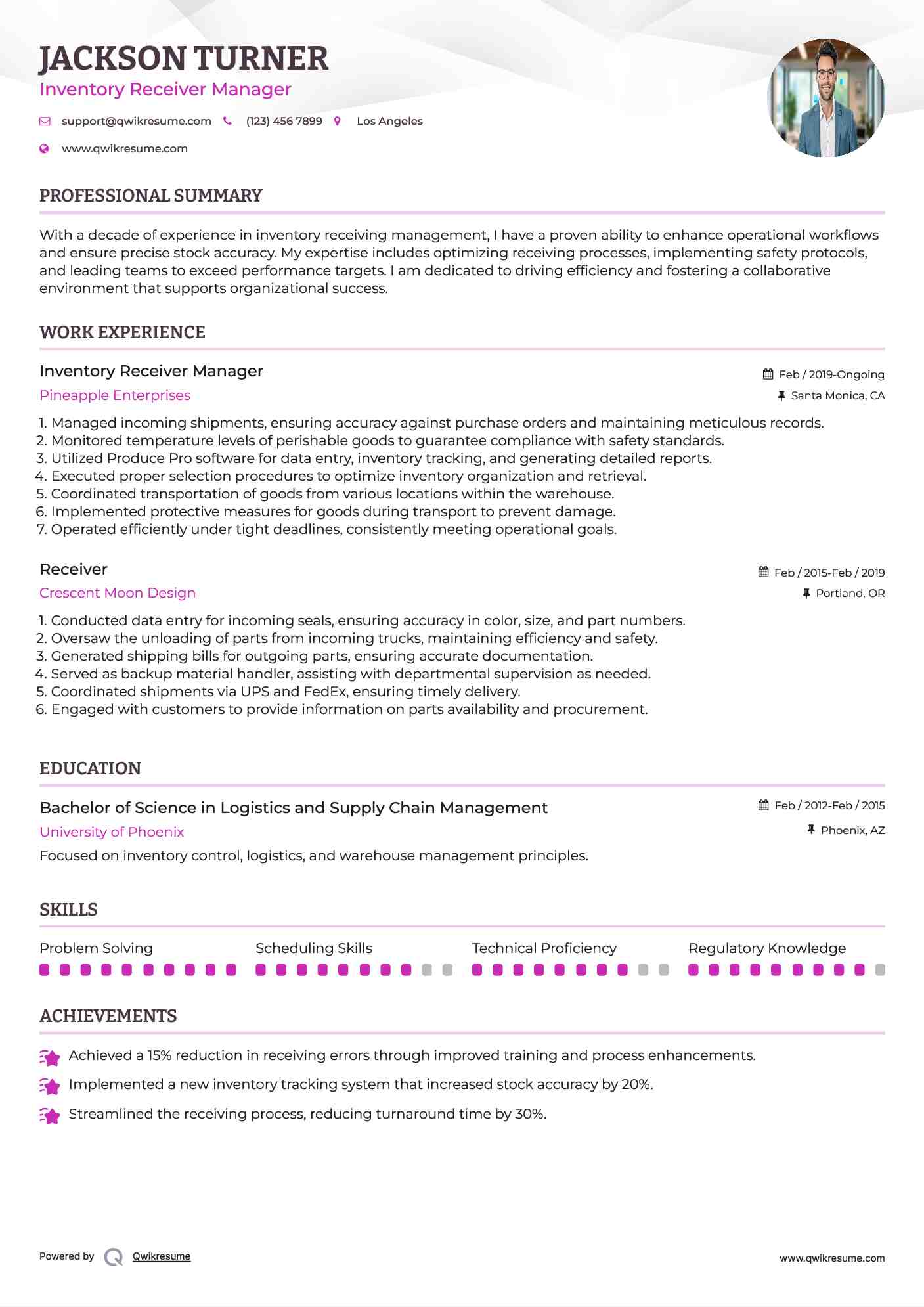 Inventory Receiver Manager Resume Sample
