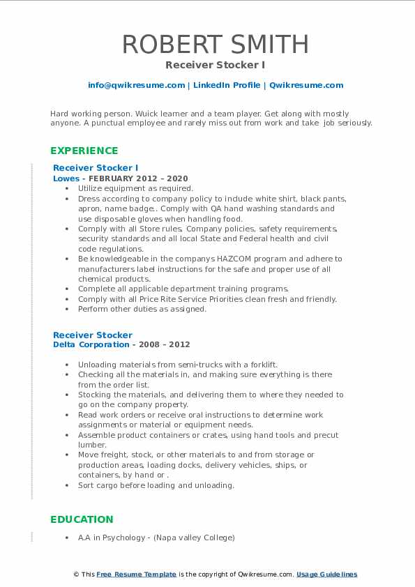 Receiver Stocker Resume Samples QwikResume