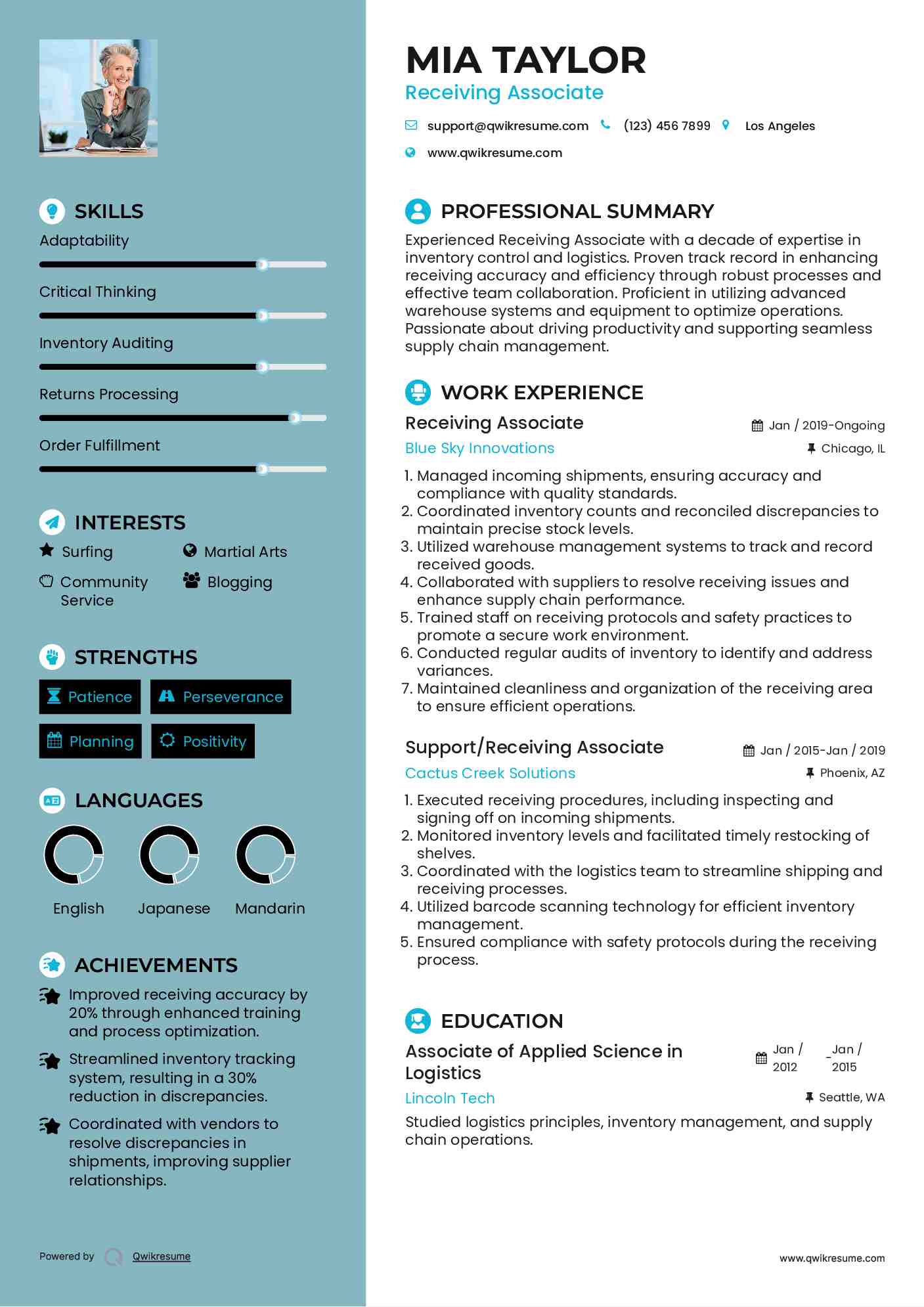 Receiving Associate Resume Sample