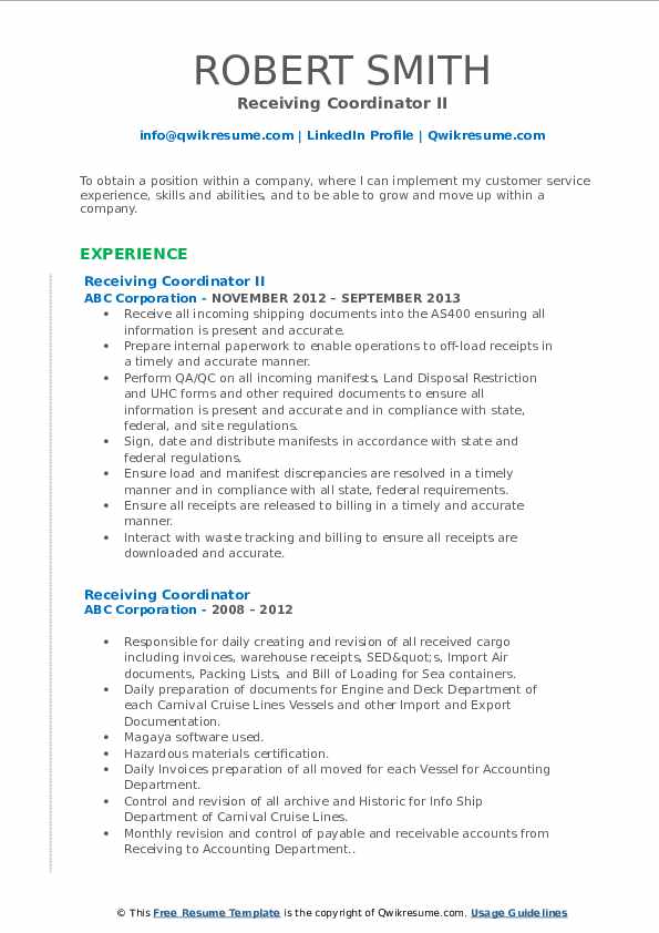 Receiving Coordinator Resume Samples QwikResume