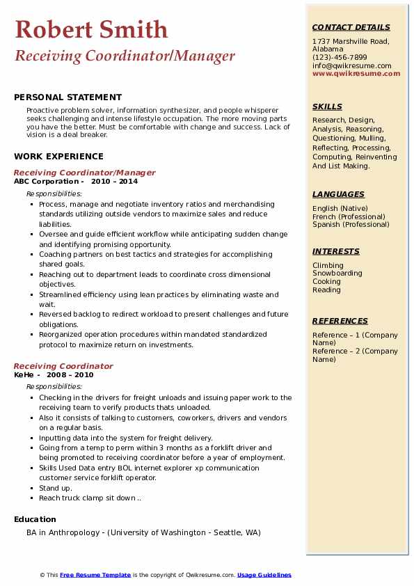 Receiving Coordinator Resume Samples QwikResume