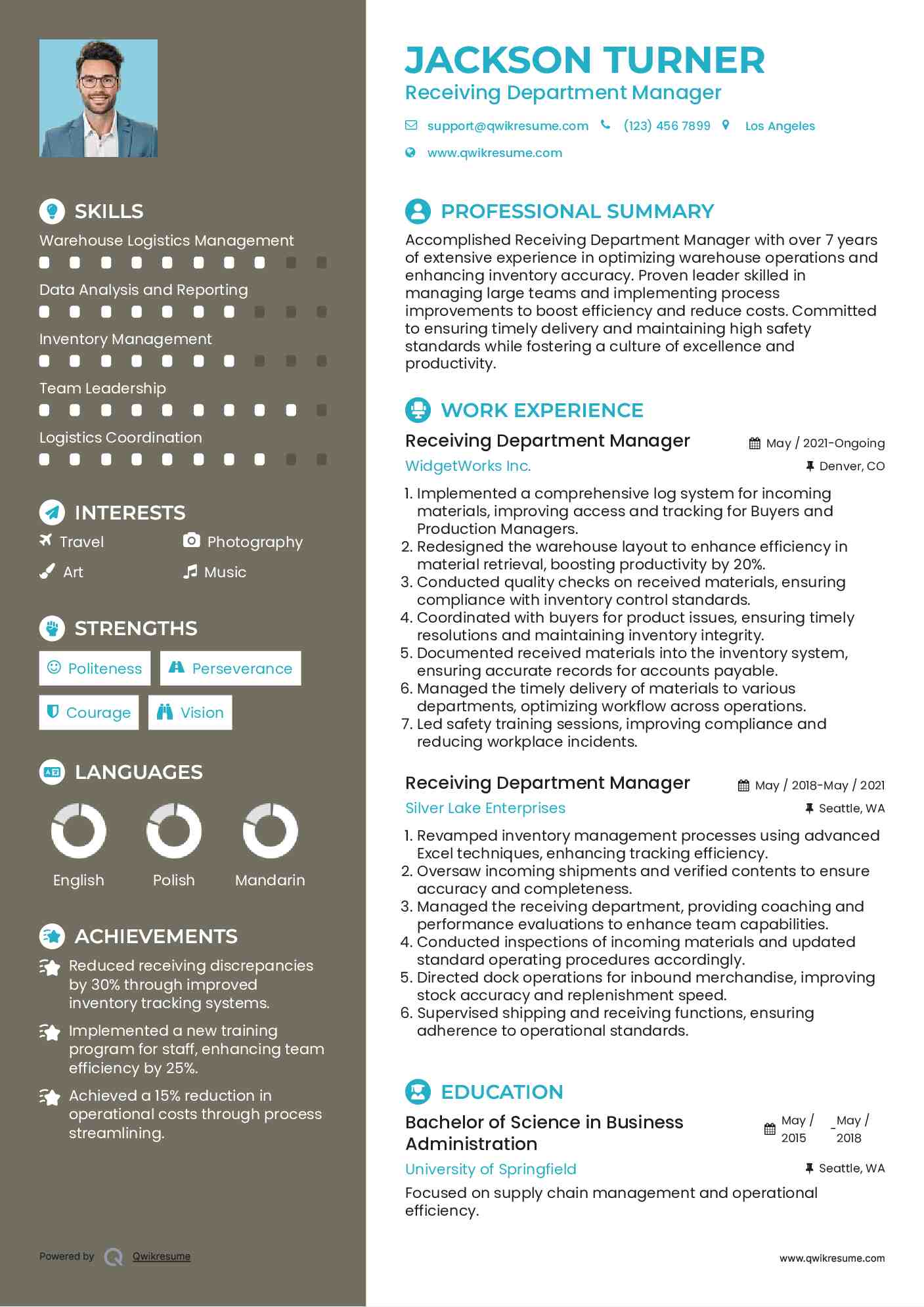 Receiving Department Manager Resume Model