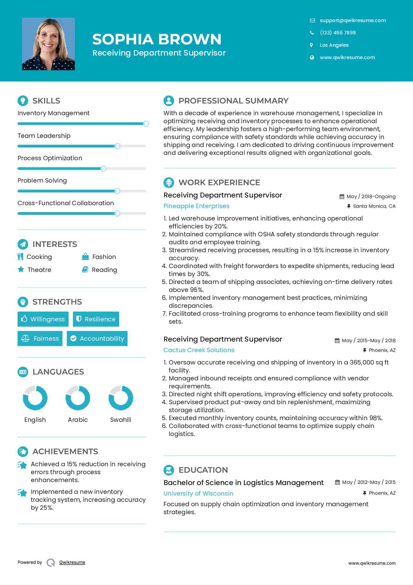 Receiving Department Supervisor Resume Template