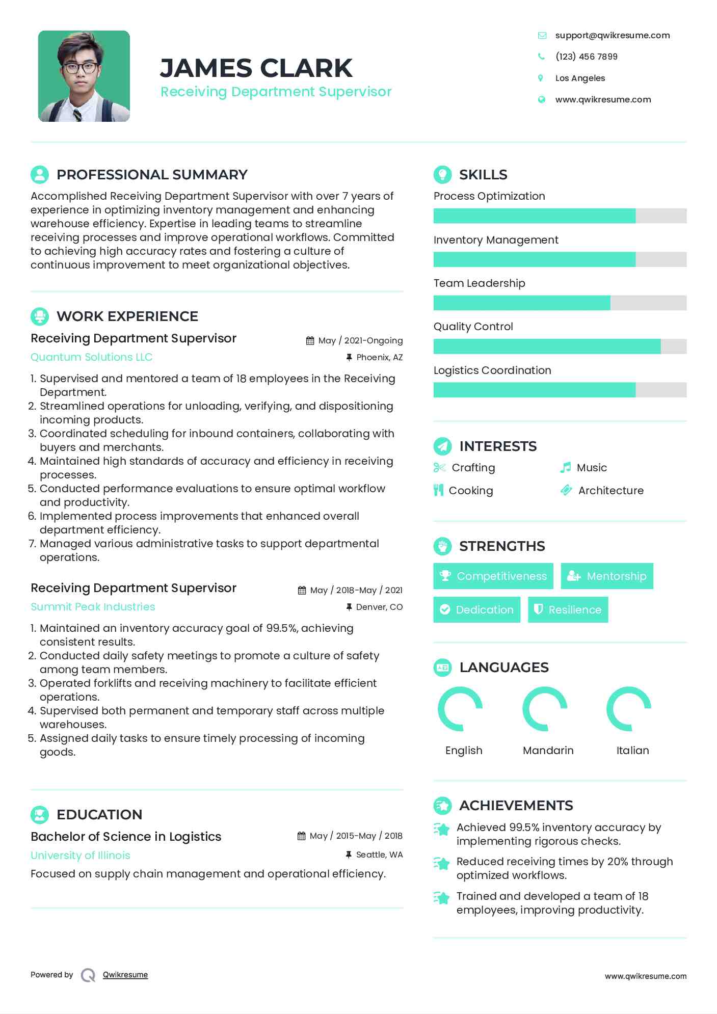 Receiving Department Supervisor Resume Format