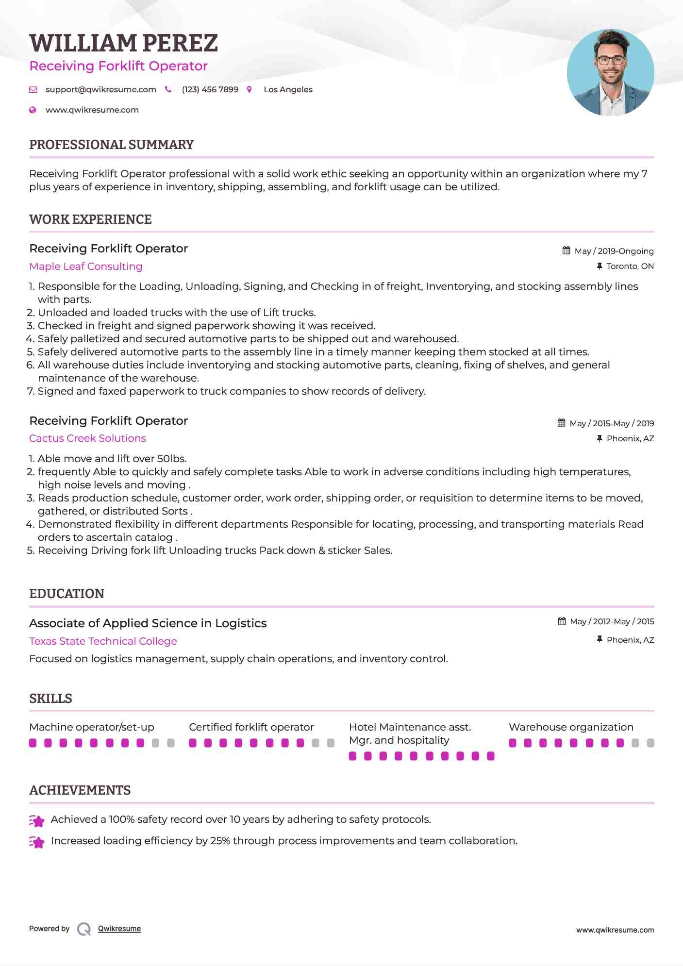 Receiving Forklift Operator Resume Example