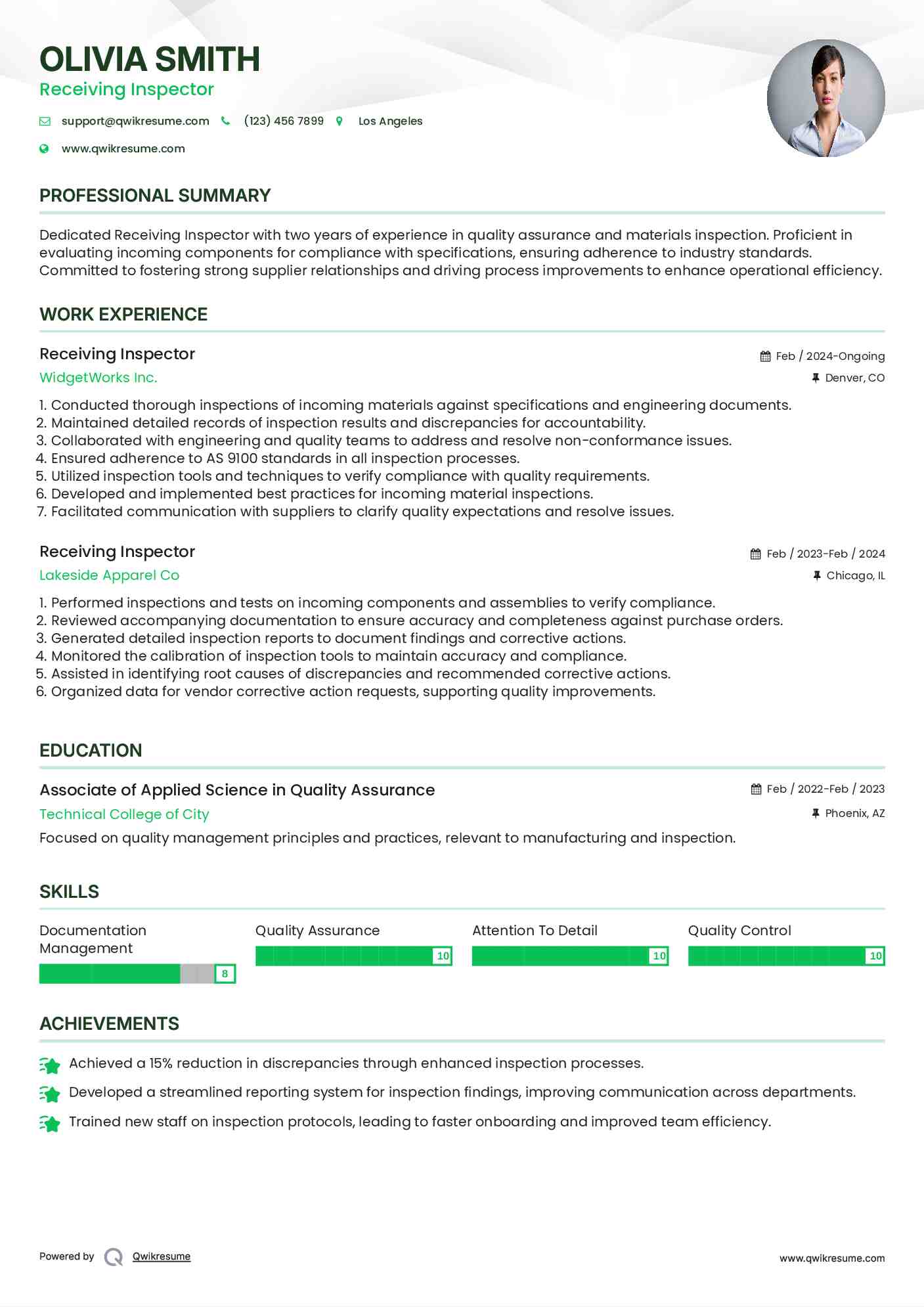 Receiving Inspector Resume Model