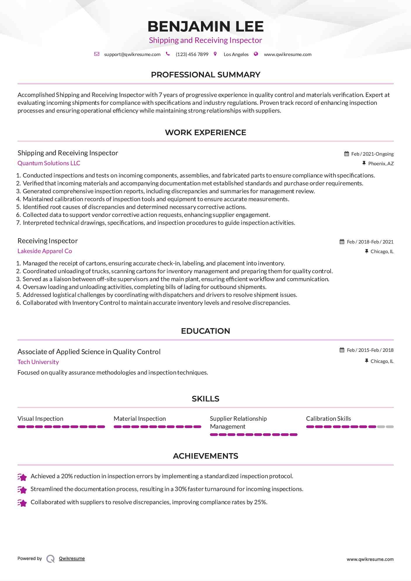 Shipping and Receiving Inspector Resume Example