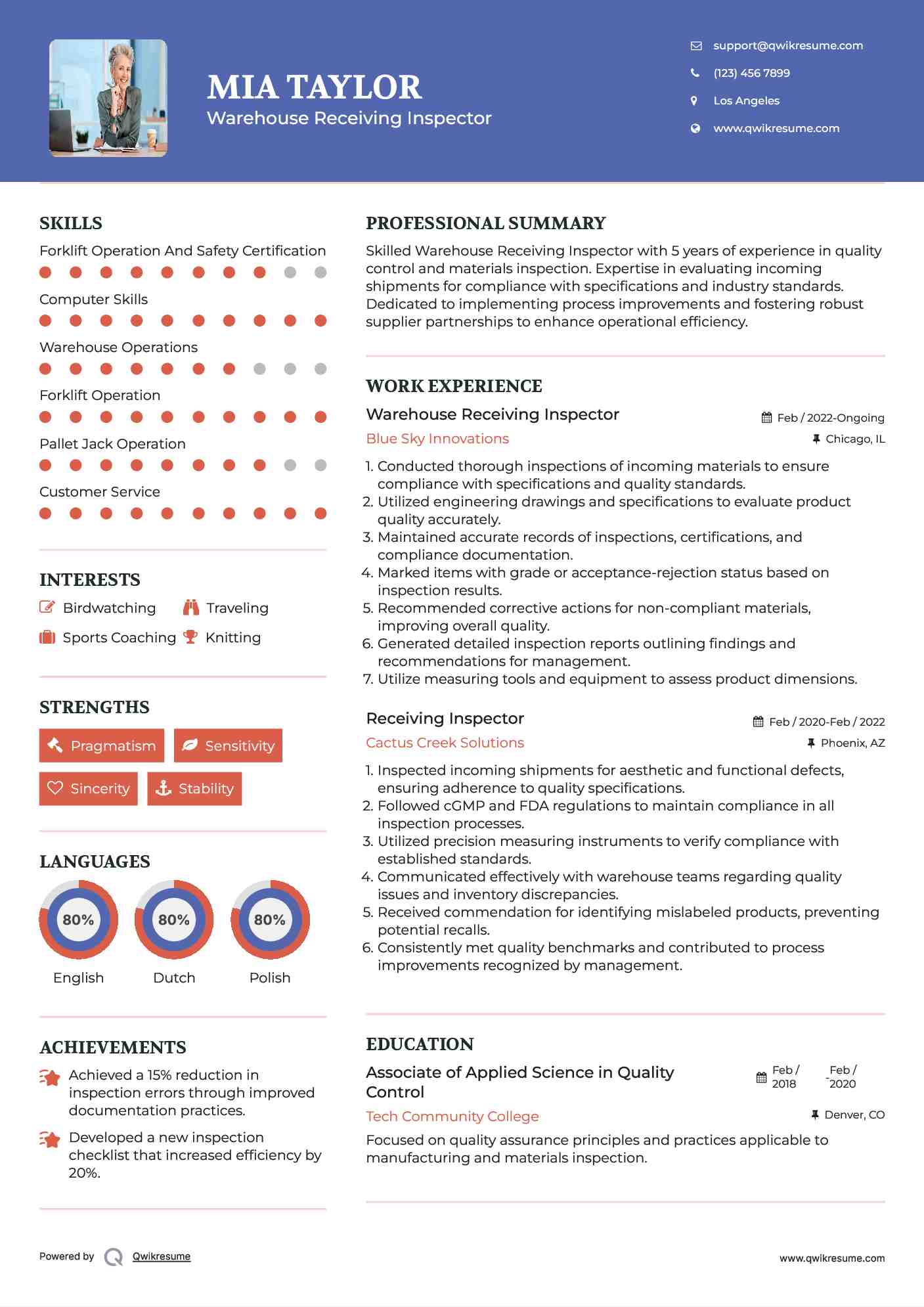 Warehouse Receiving Inspector Resume Example