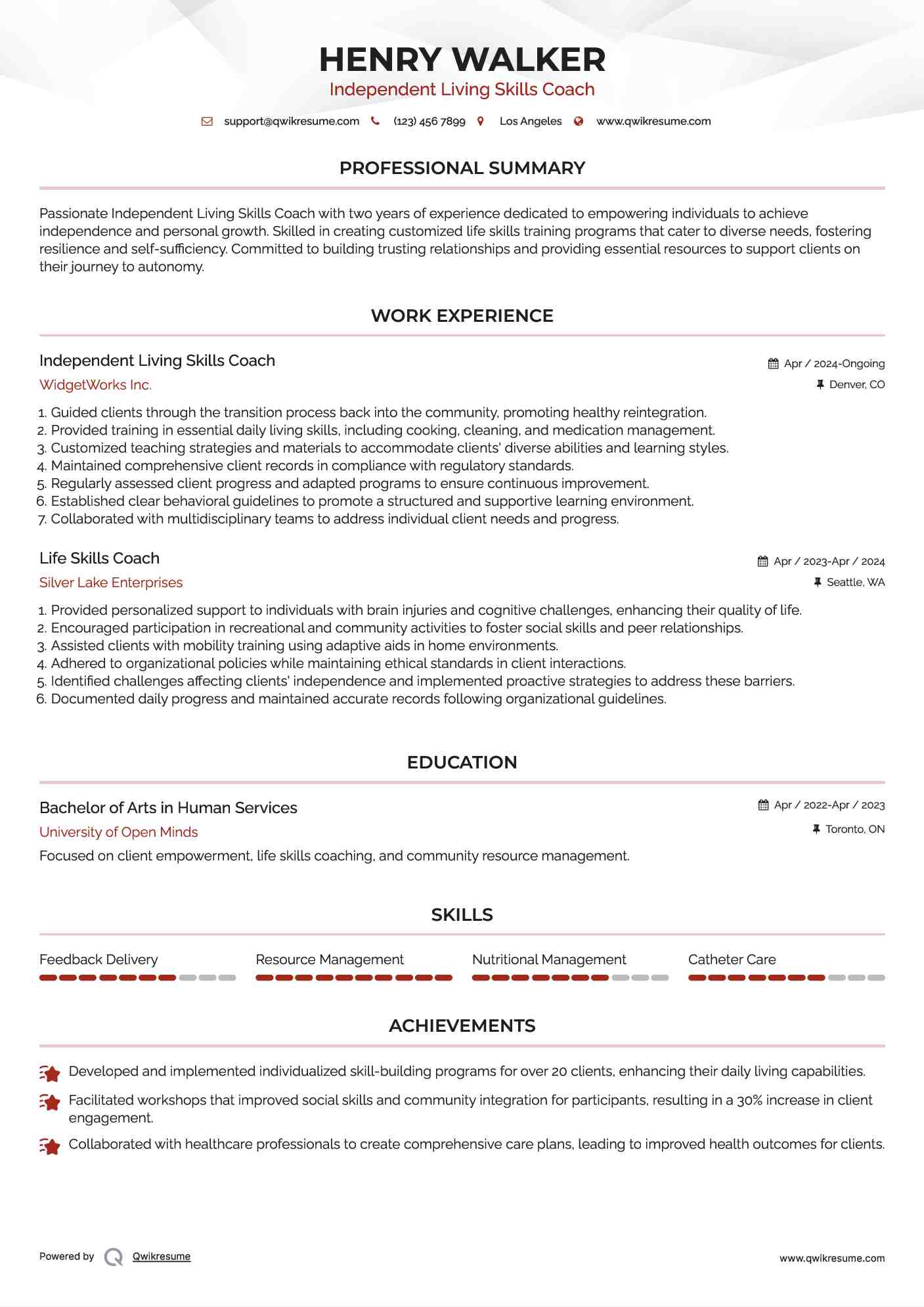 Independent Living Skills Coach Resume Model
