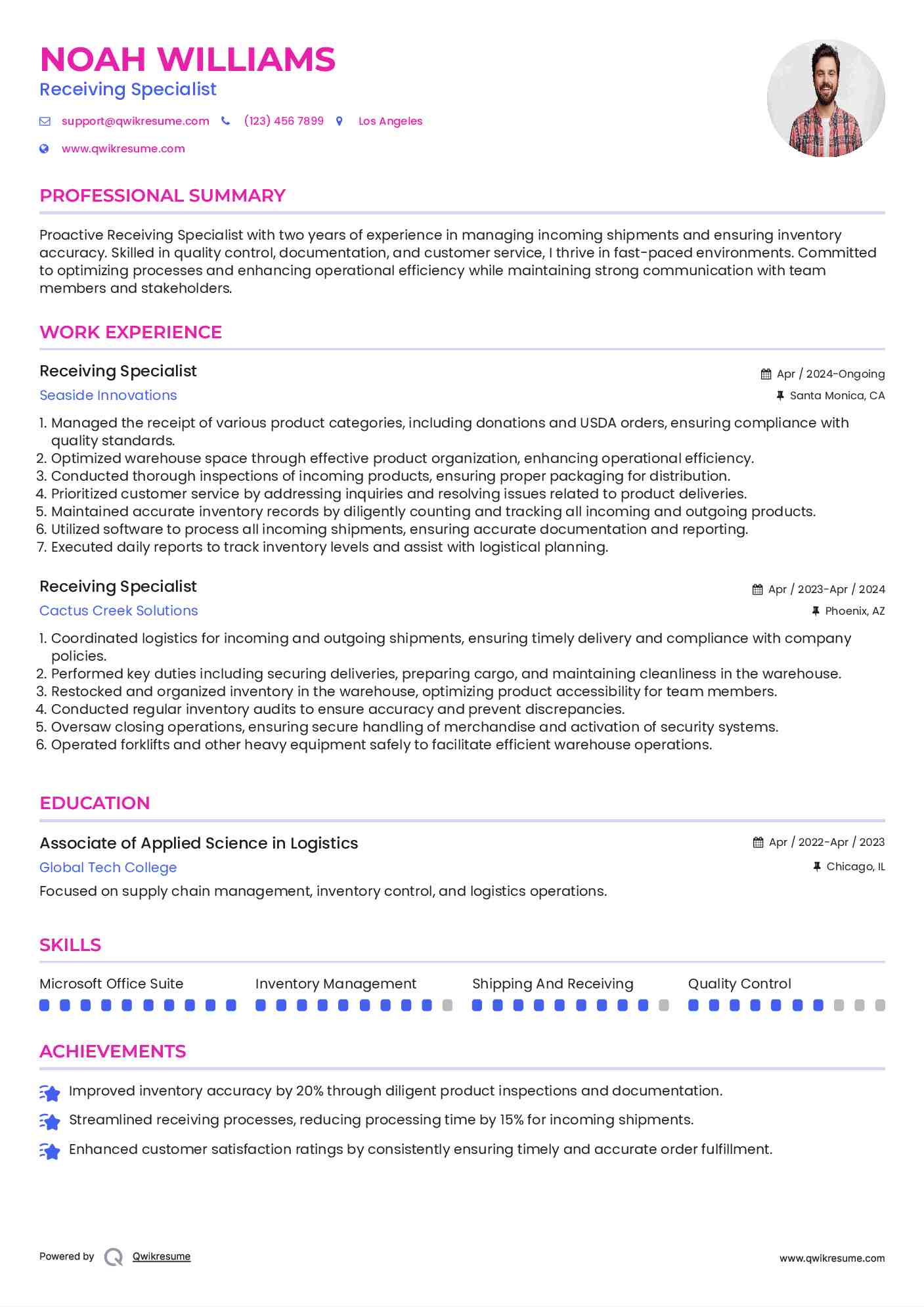Receiving Specialist Resume Template