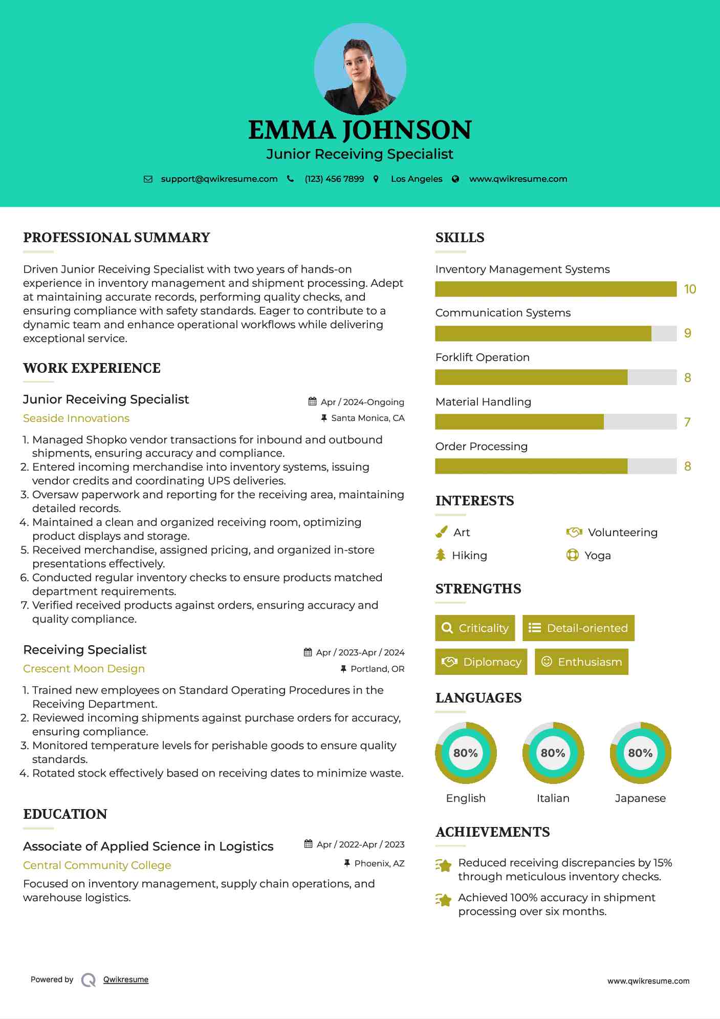 Junior Receiving Specialist Resume Model
