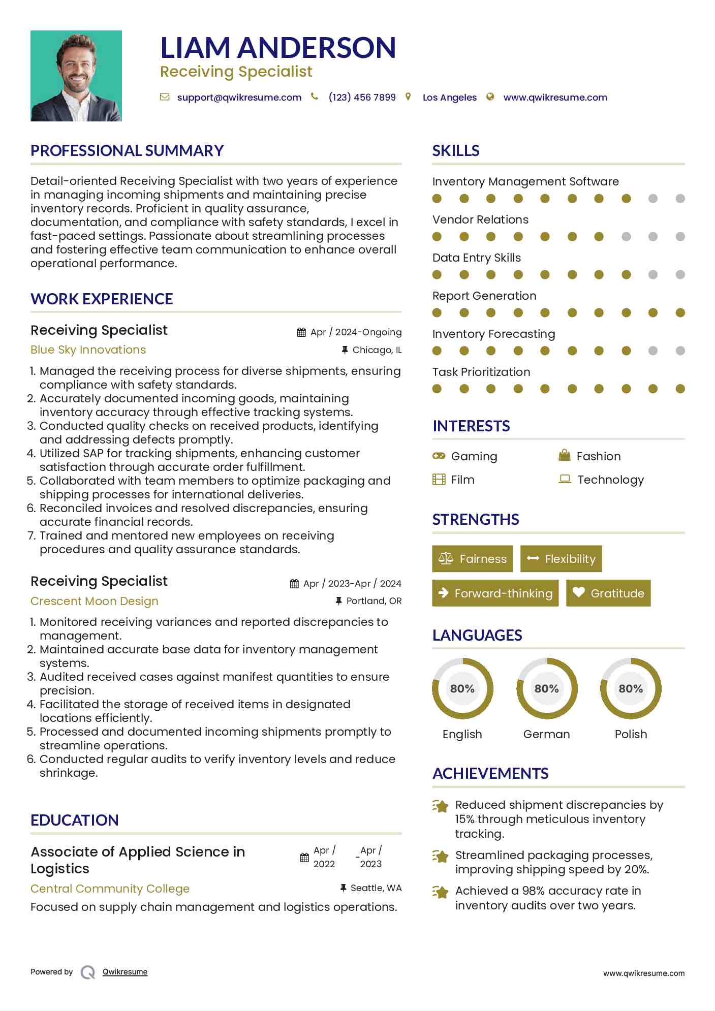 Receiving Specialist Resume Example