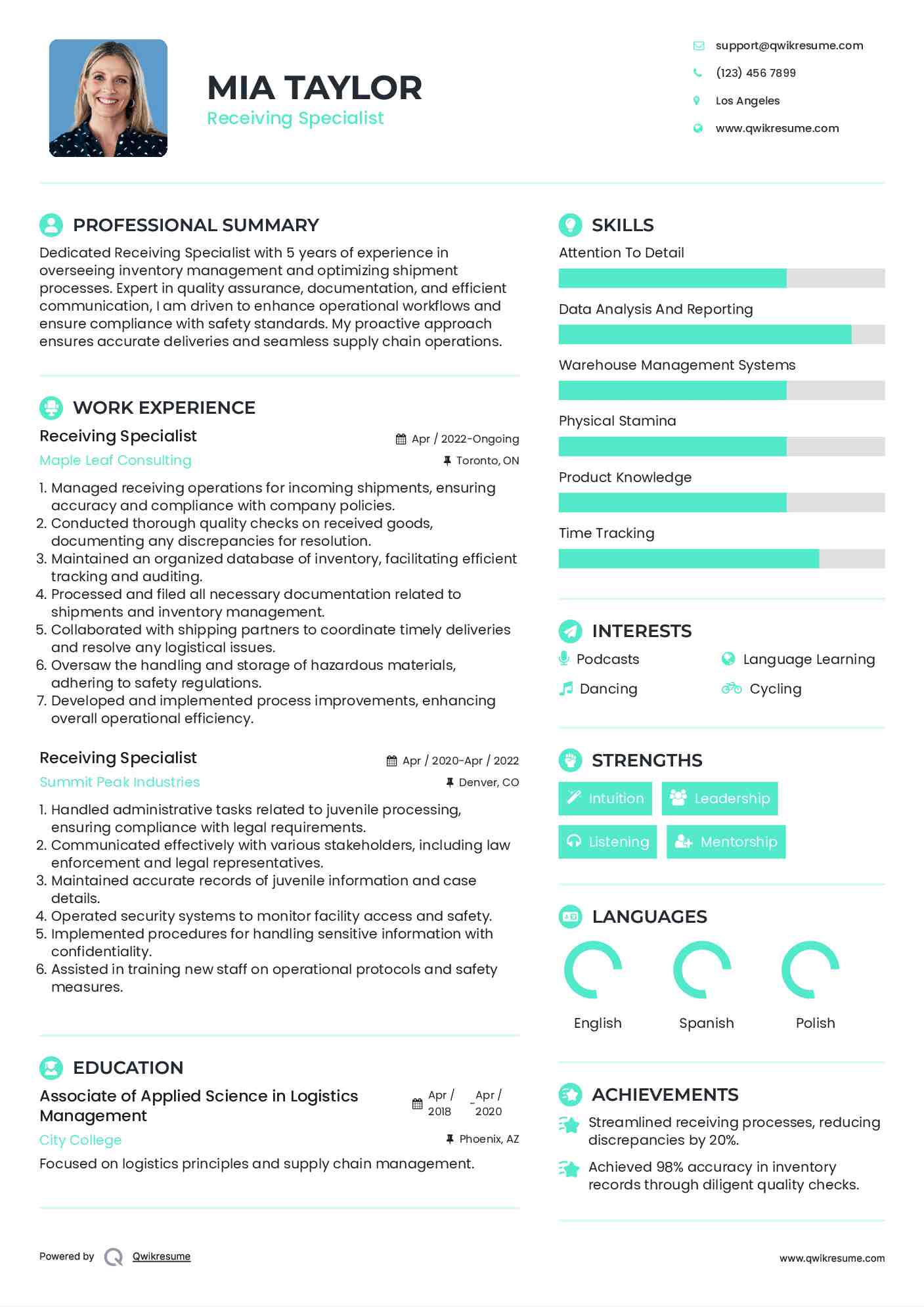 Receiving Specialist Resume Sample