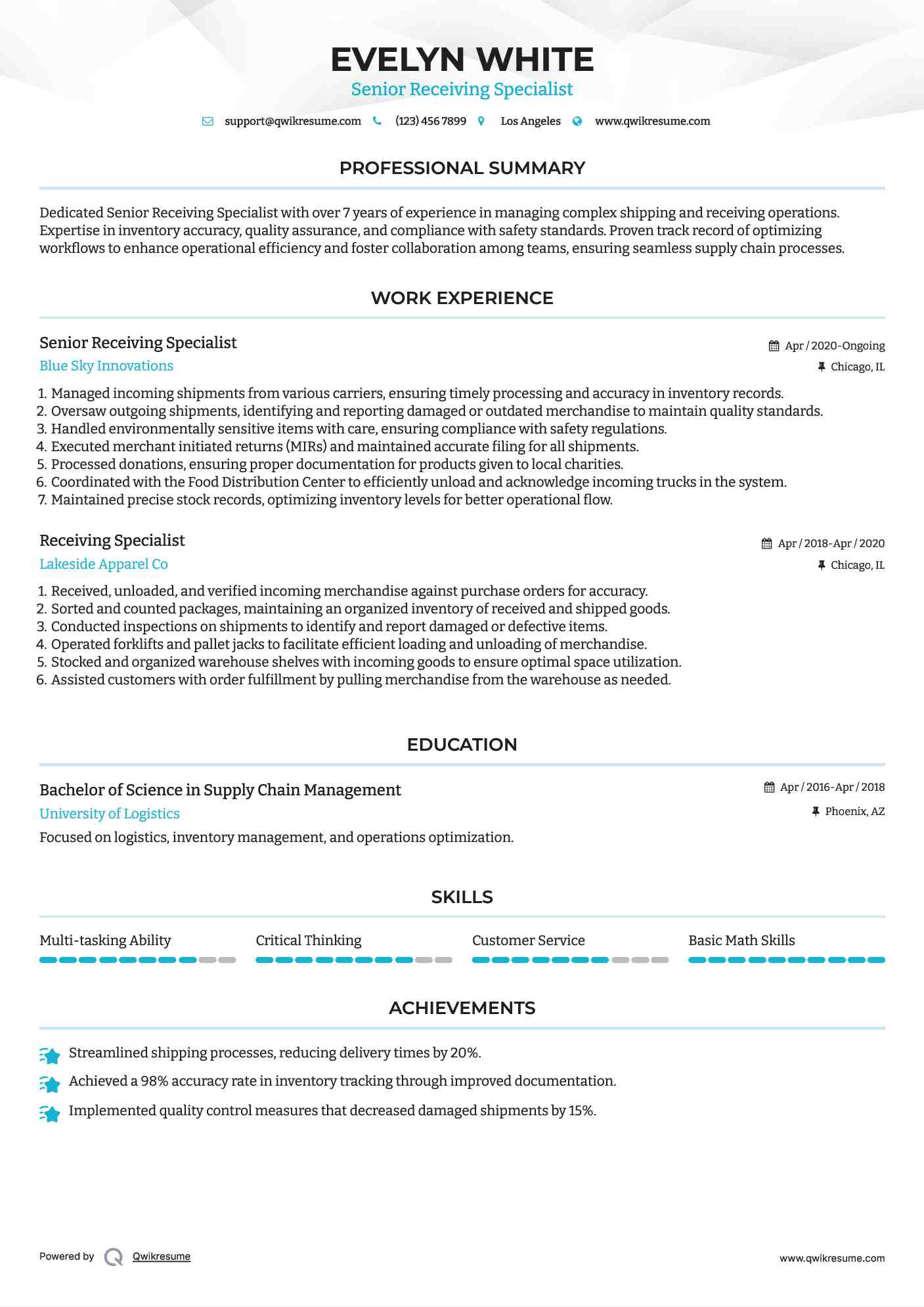 Senior Receiving Specialist Resume Template