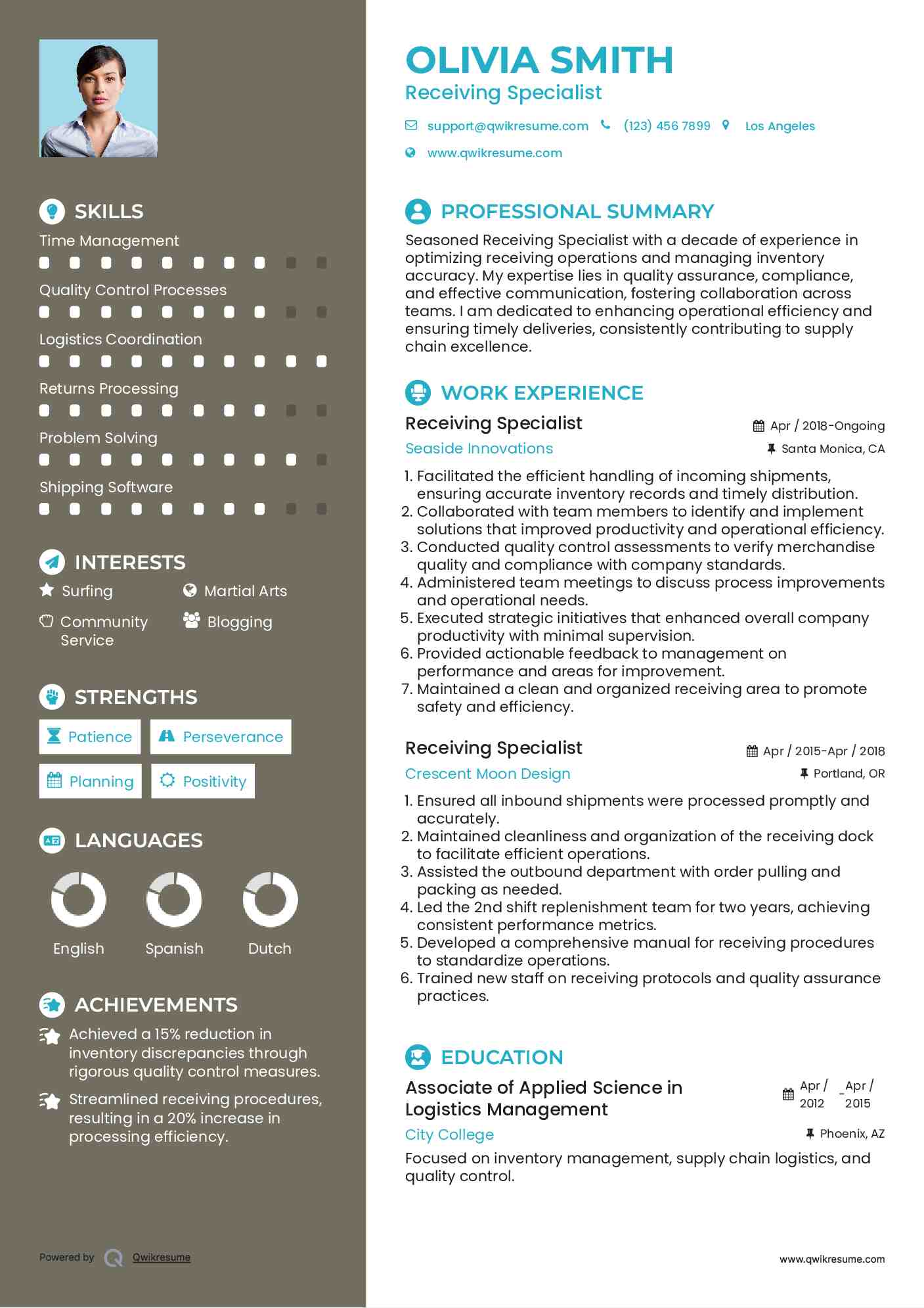 Receiving Specialist Resume Sample