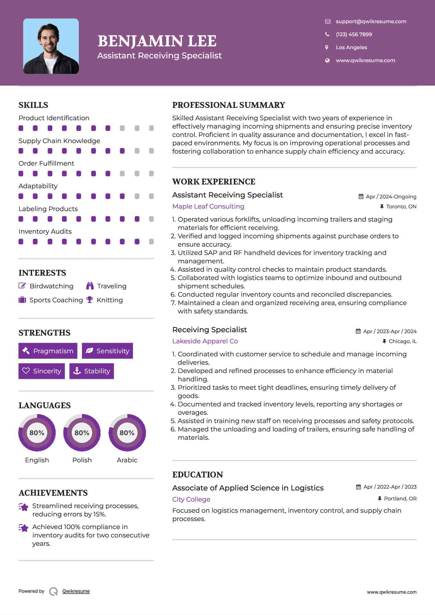 Assistant Receiving Specialist Resume Sample