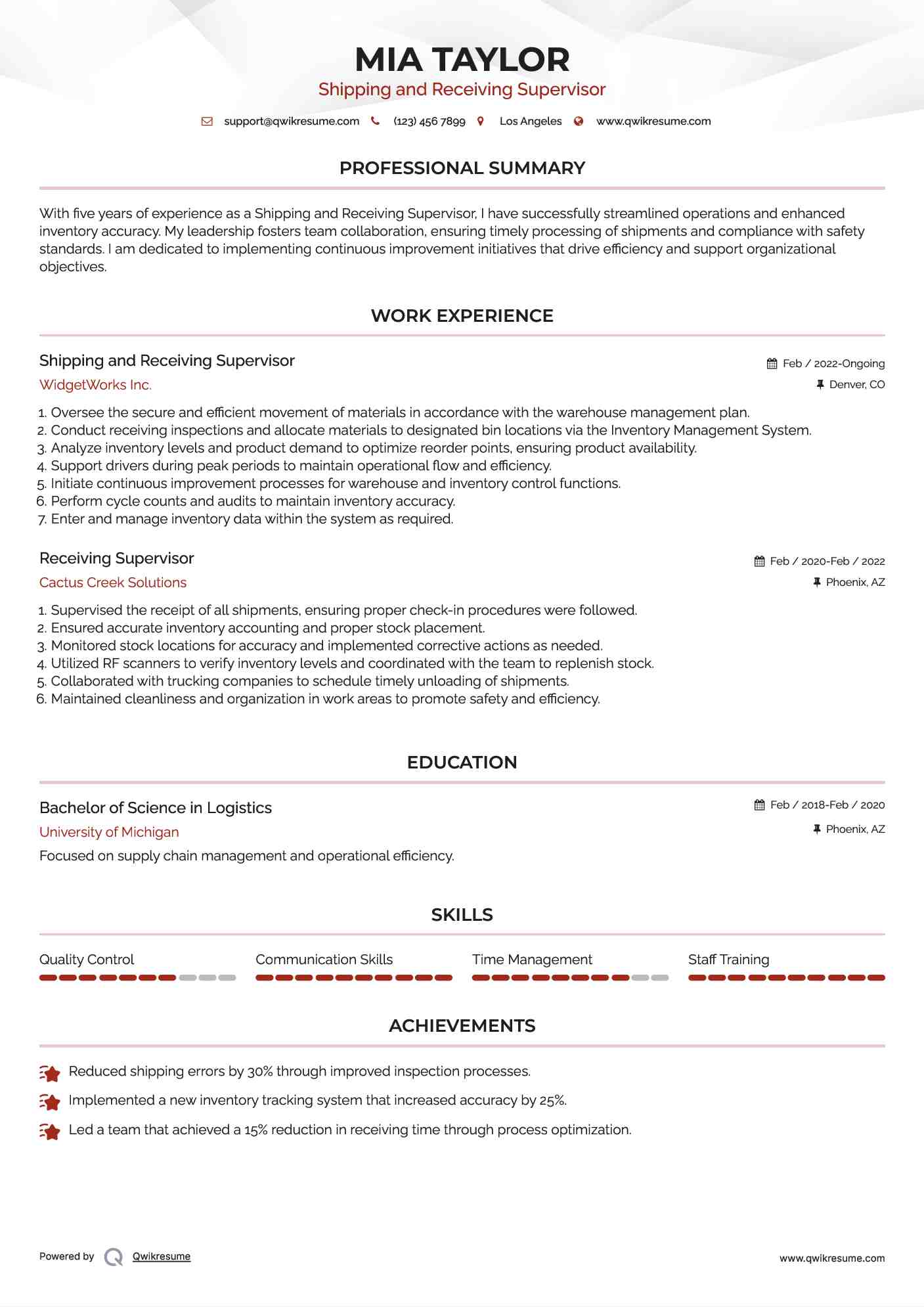 Shipping and Receiving Supervisor Resume Format