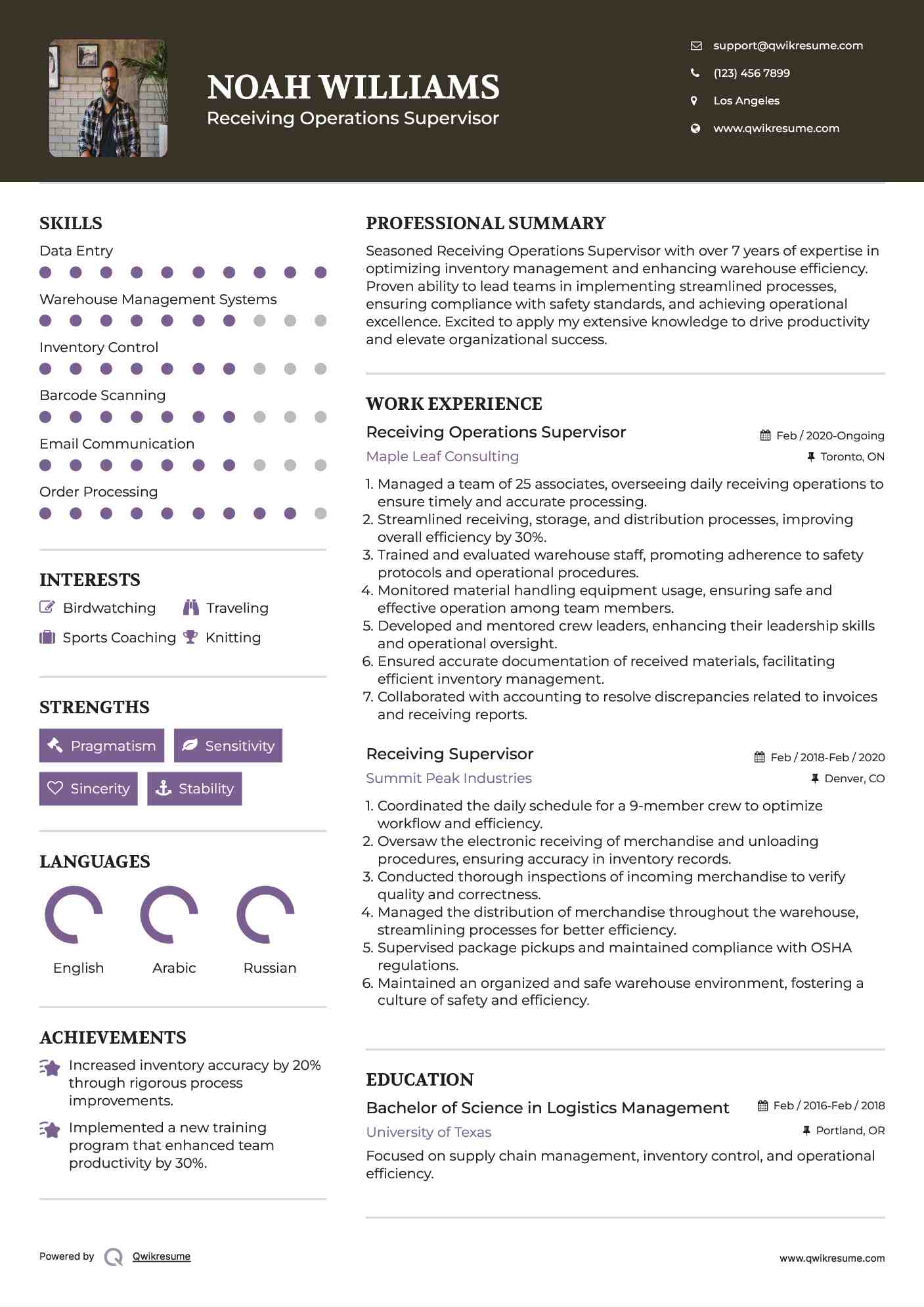 Receiving Operations Supervisor Resume Template