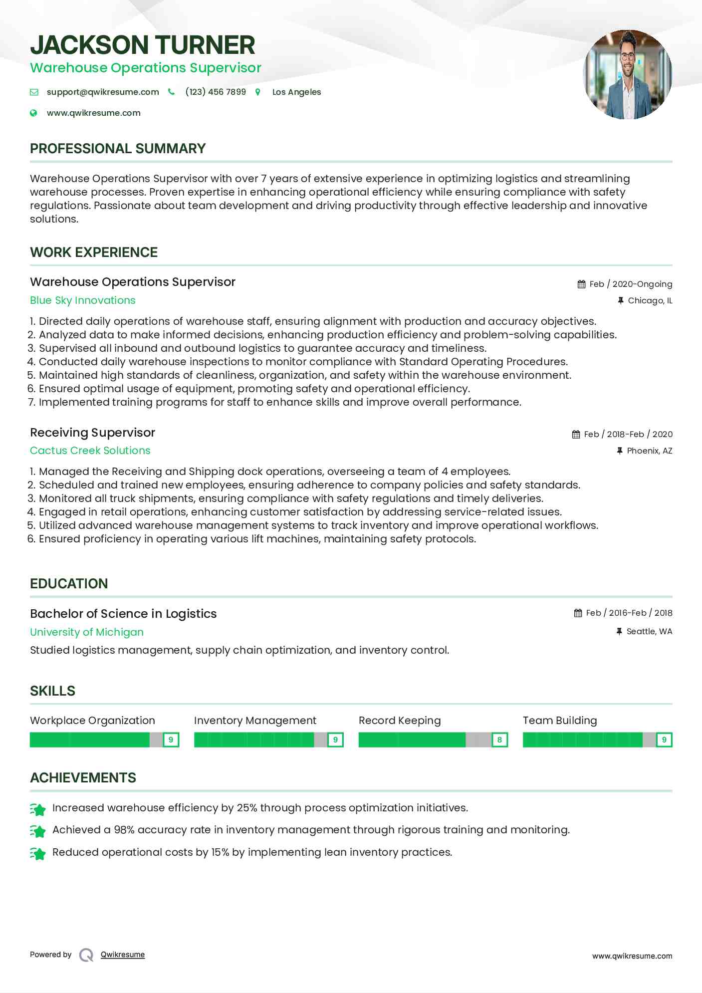 Warehouse Operations Supervisor Resume Example