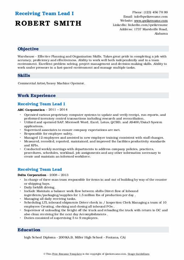Receiving Team Lead Resume Samples QwikResume