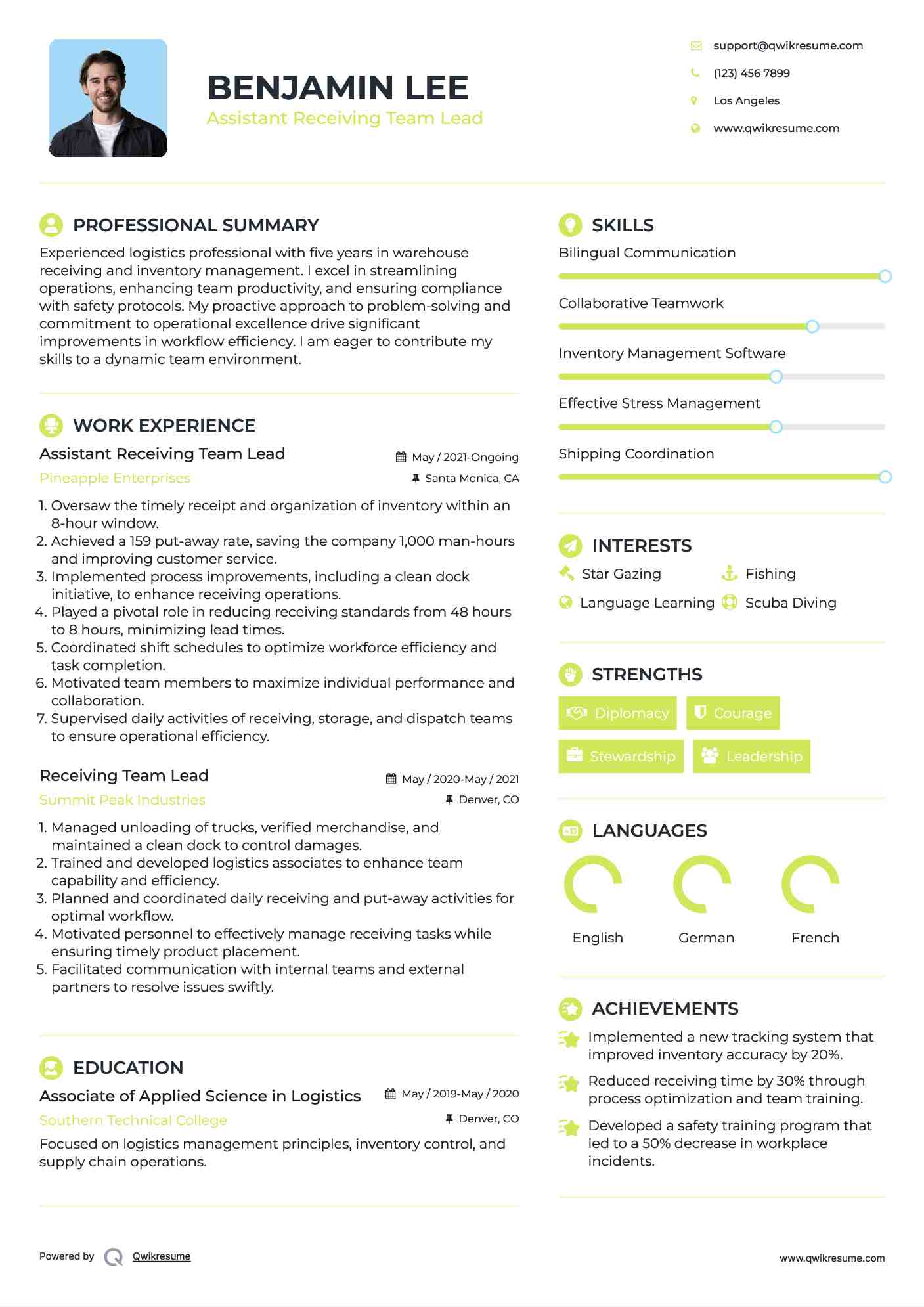 Assistant Receiving Team Lead Resume Model