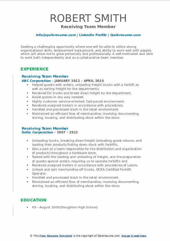 Receiving Team Member Resume Samples QwikResume