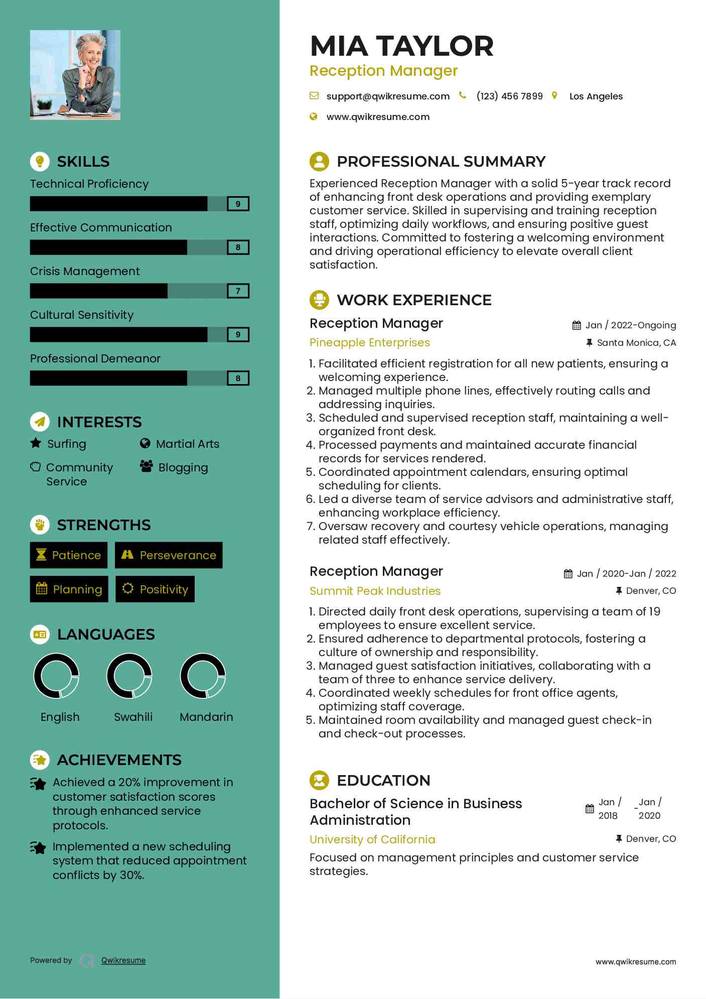 Reception Manager Resume Format