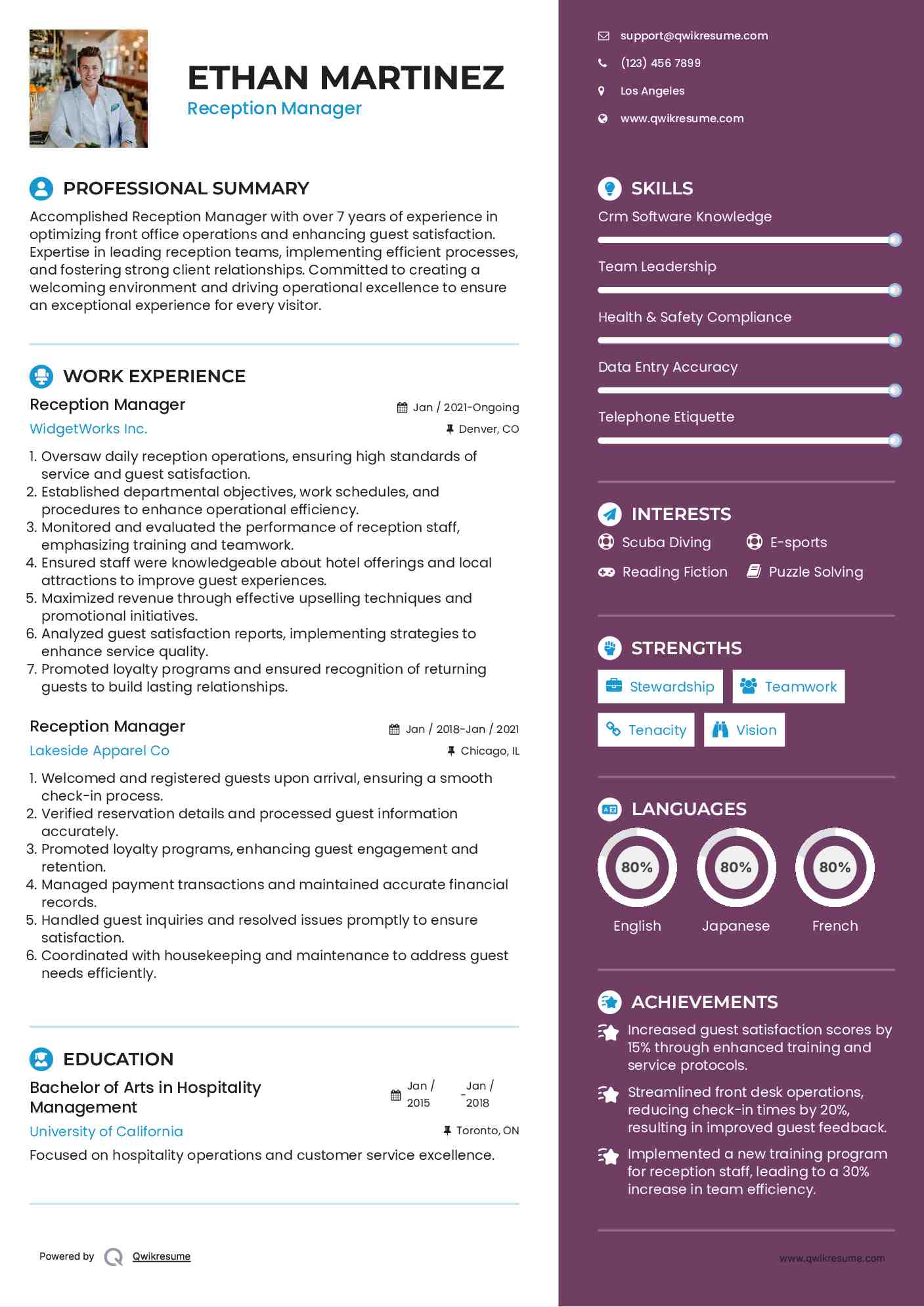 Reception Manager Resume Samples QwikResume