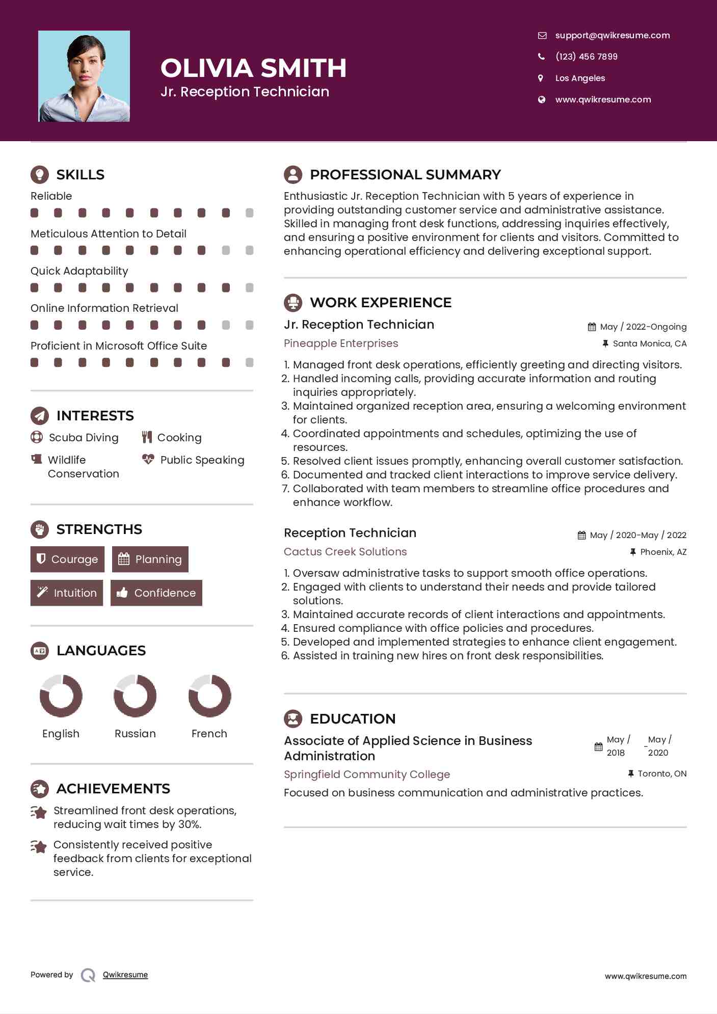 Jr. Reception Technician Resume Template