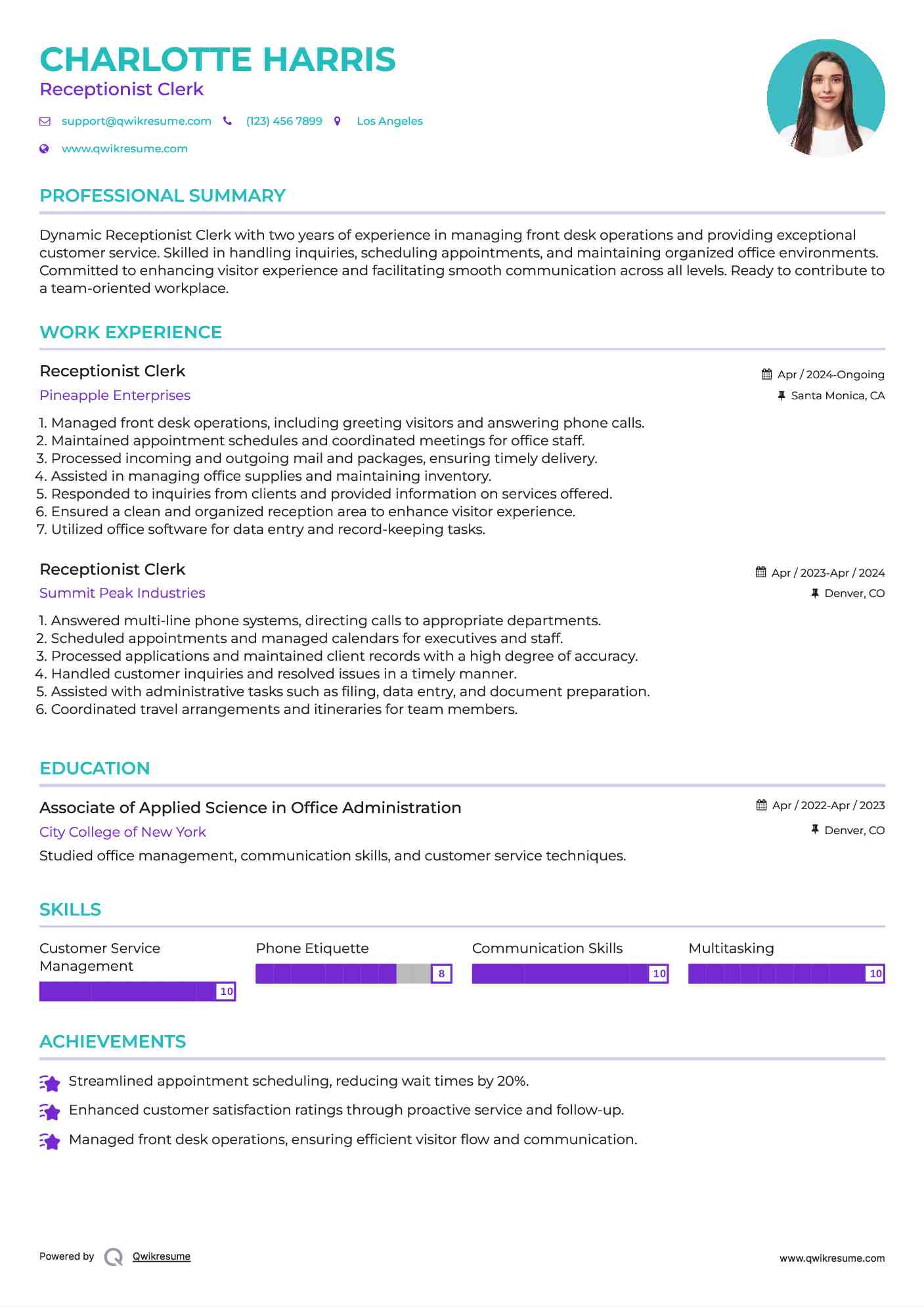 Receptionist Clerk Resume Template