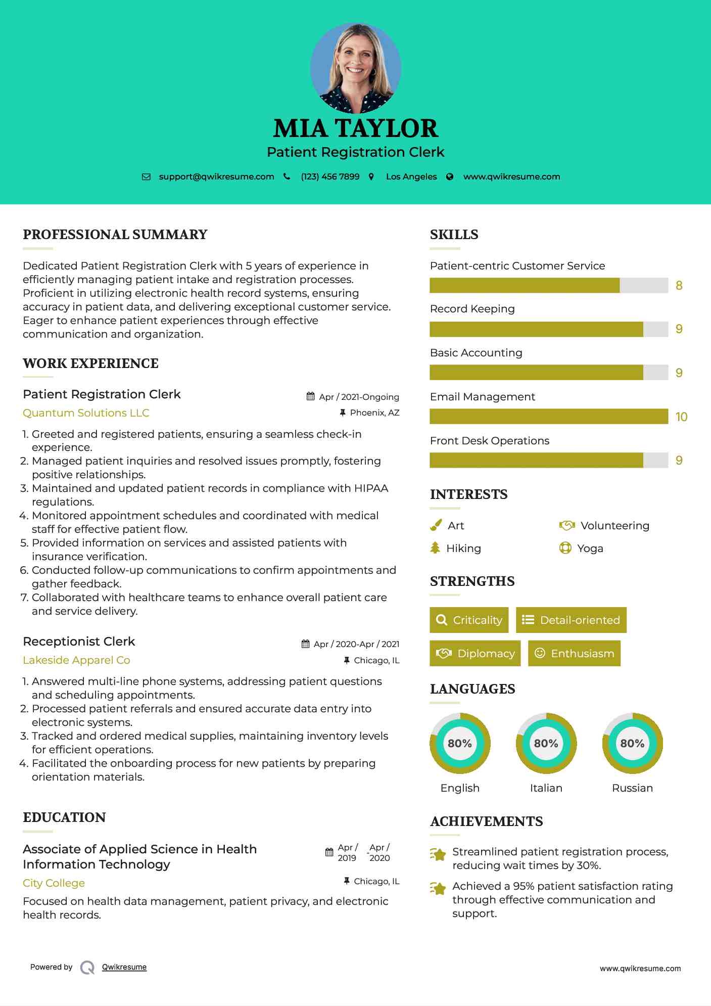 Patient Registration Clerk Resume Example