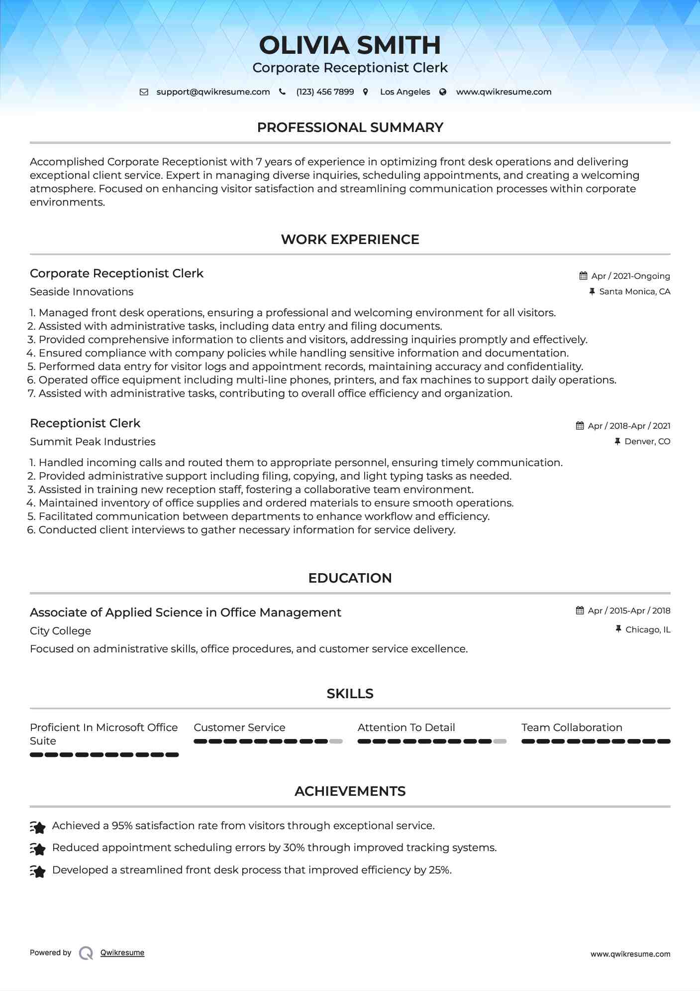 Corporate Receptionist Clerk Resume Template