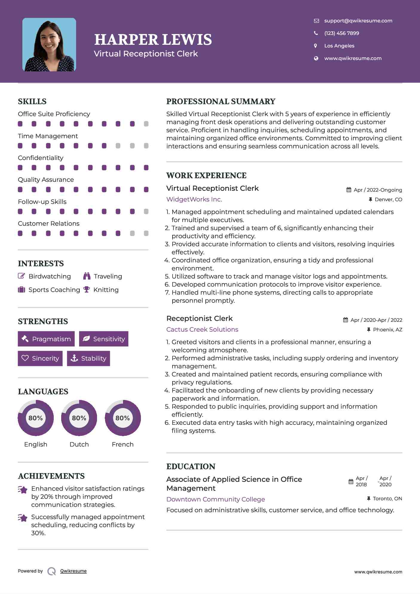 Virtual Receptionist Clerk Resume Example