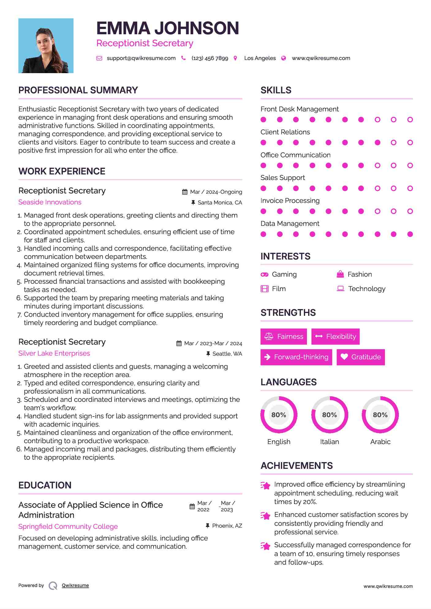 Receptionist Secretary Resume Example