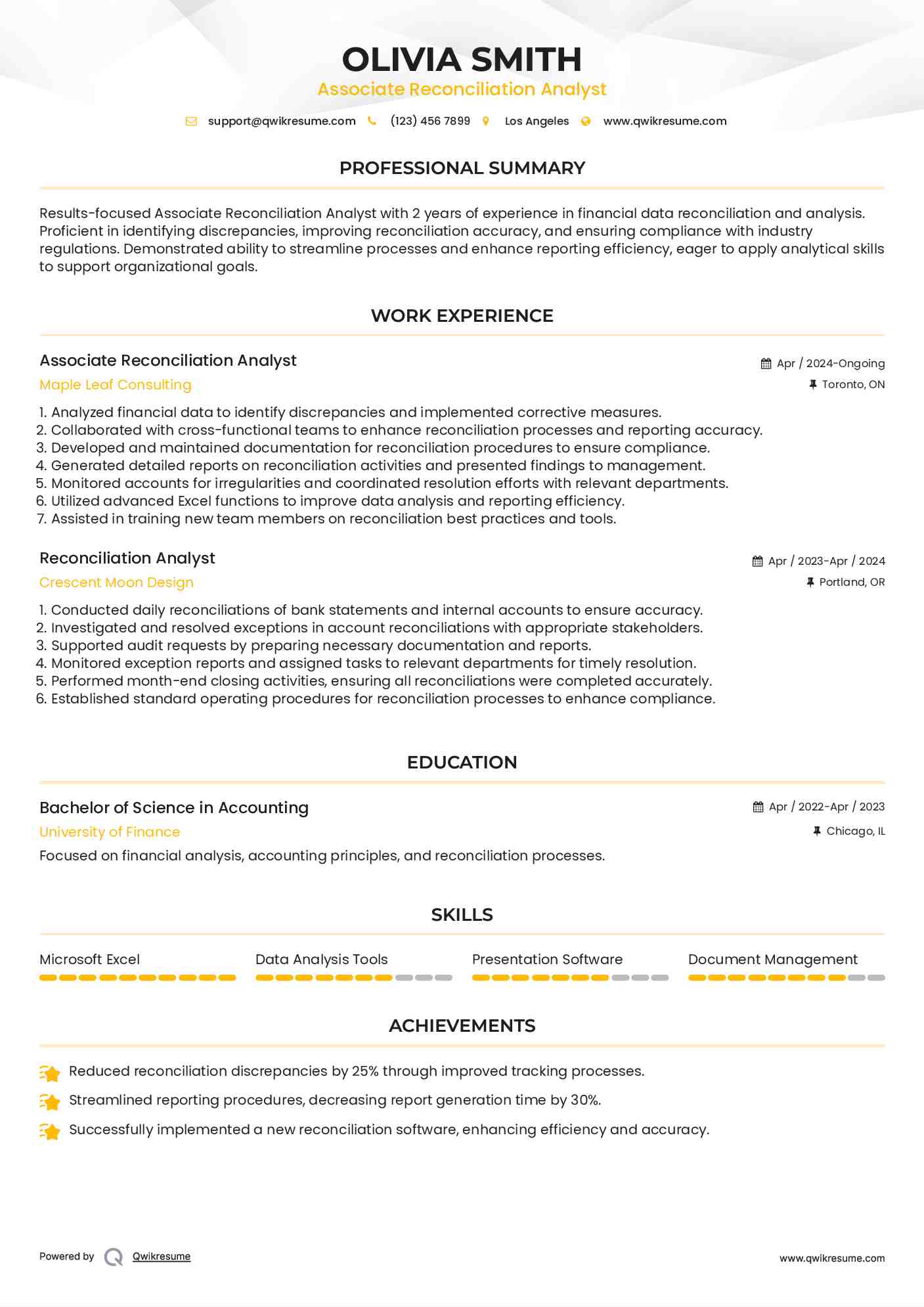 Reconciliation Analyst I Resume Format