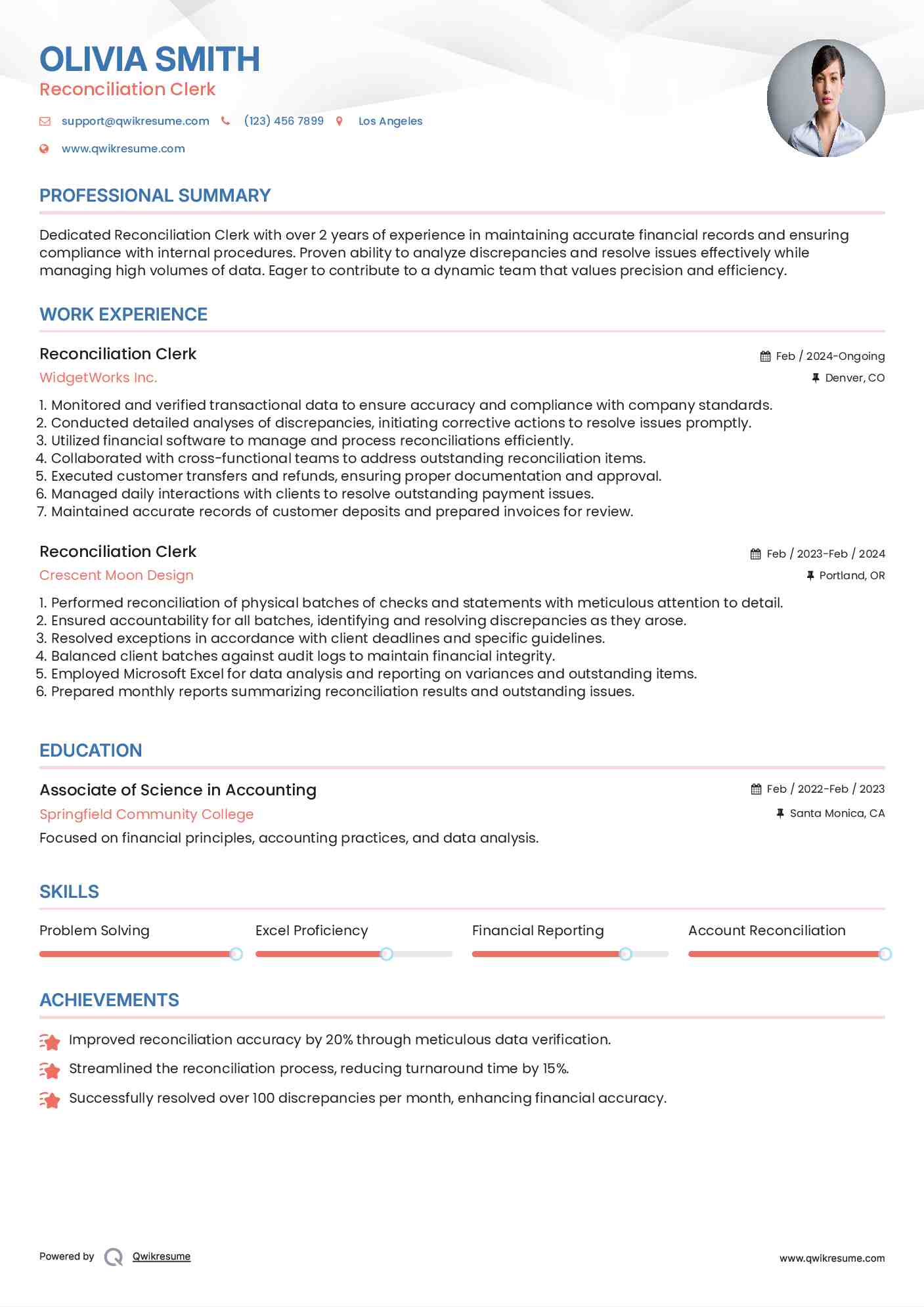 Reconciliation Clerk Resume Example
