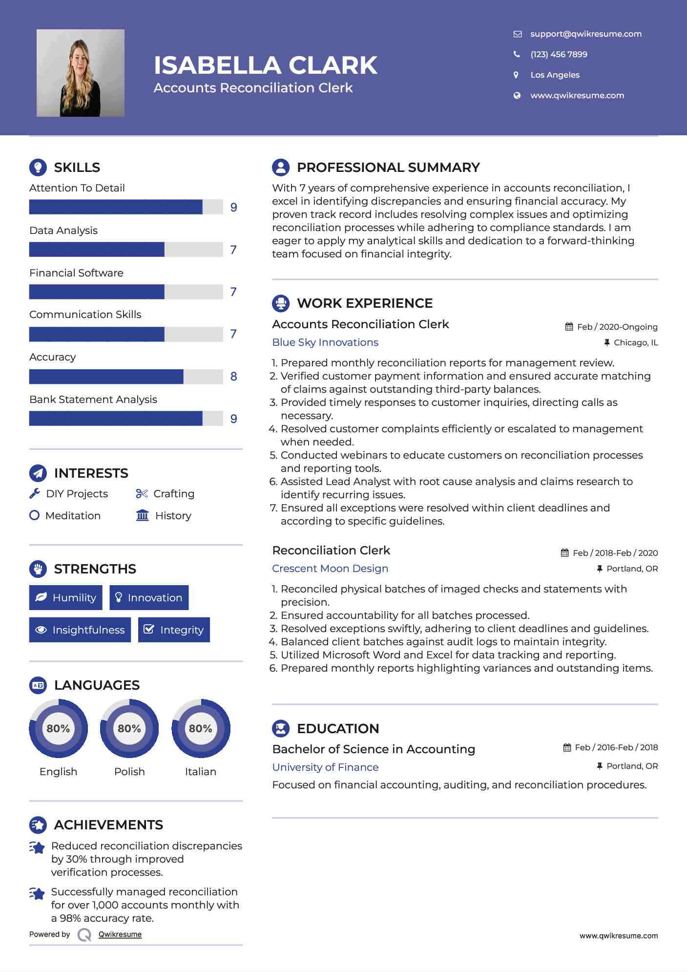Accounts Reconciliation Clerk Resume Sample